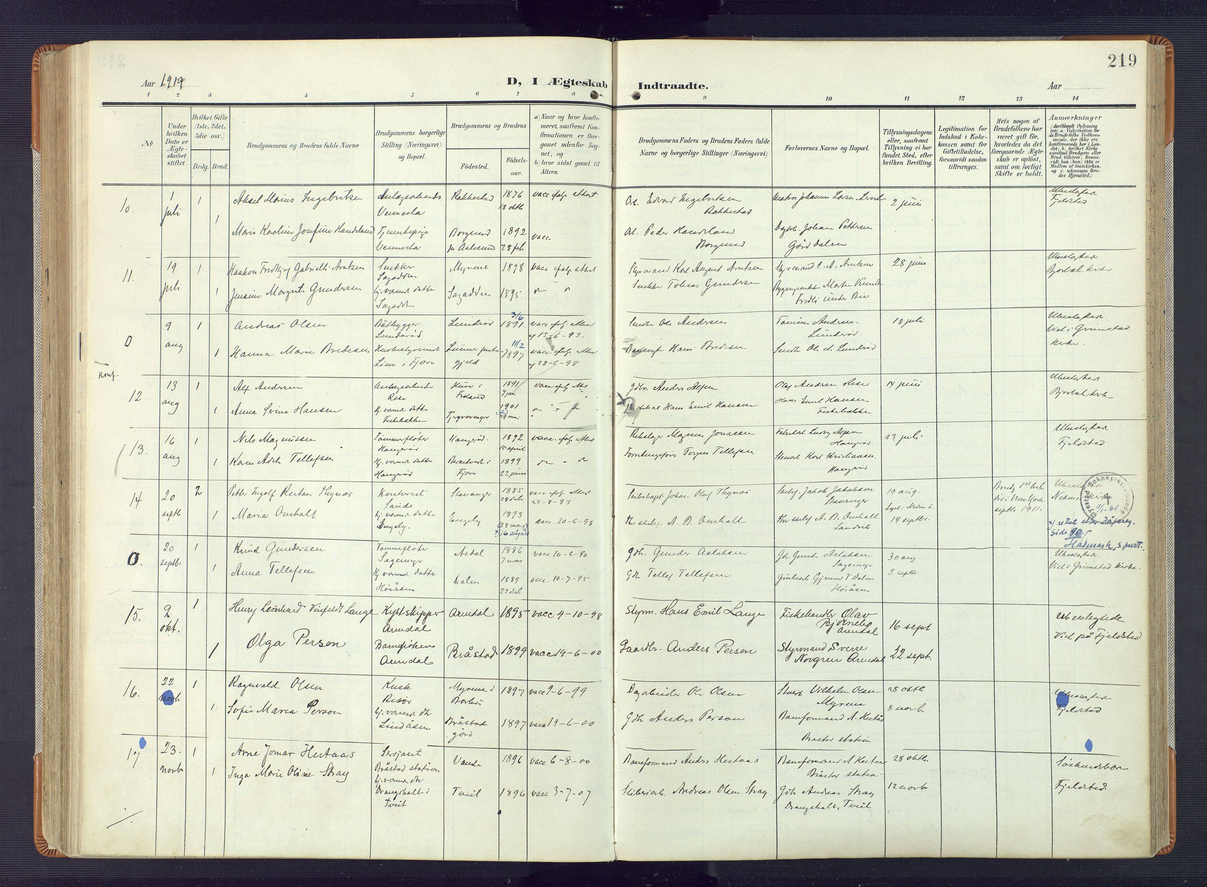 Øyestad sokneprestkontor, AV/SAK-1111-0049/F/Fa/L0019: Parish register (official) no. A 19, 1908-1922, p. 219