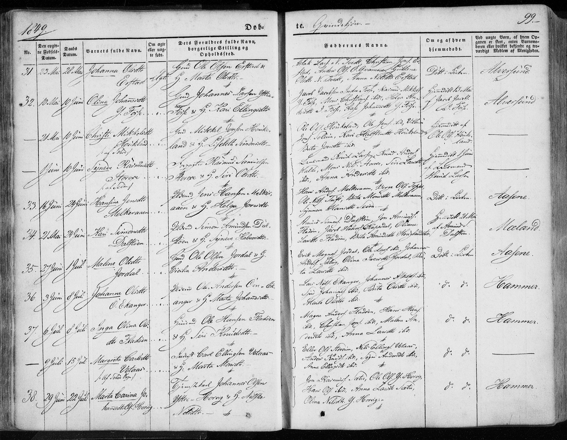 Hamre sokneprestembete, AV/SAB-A-75501/H/Ha/Haa/Haaa/L0013: Parish register (official) no. A 13, 1846-1857, p. 99