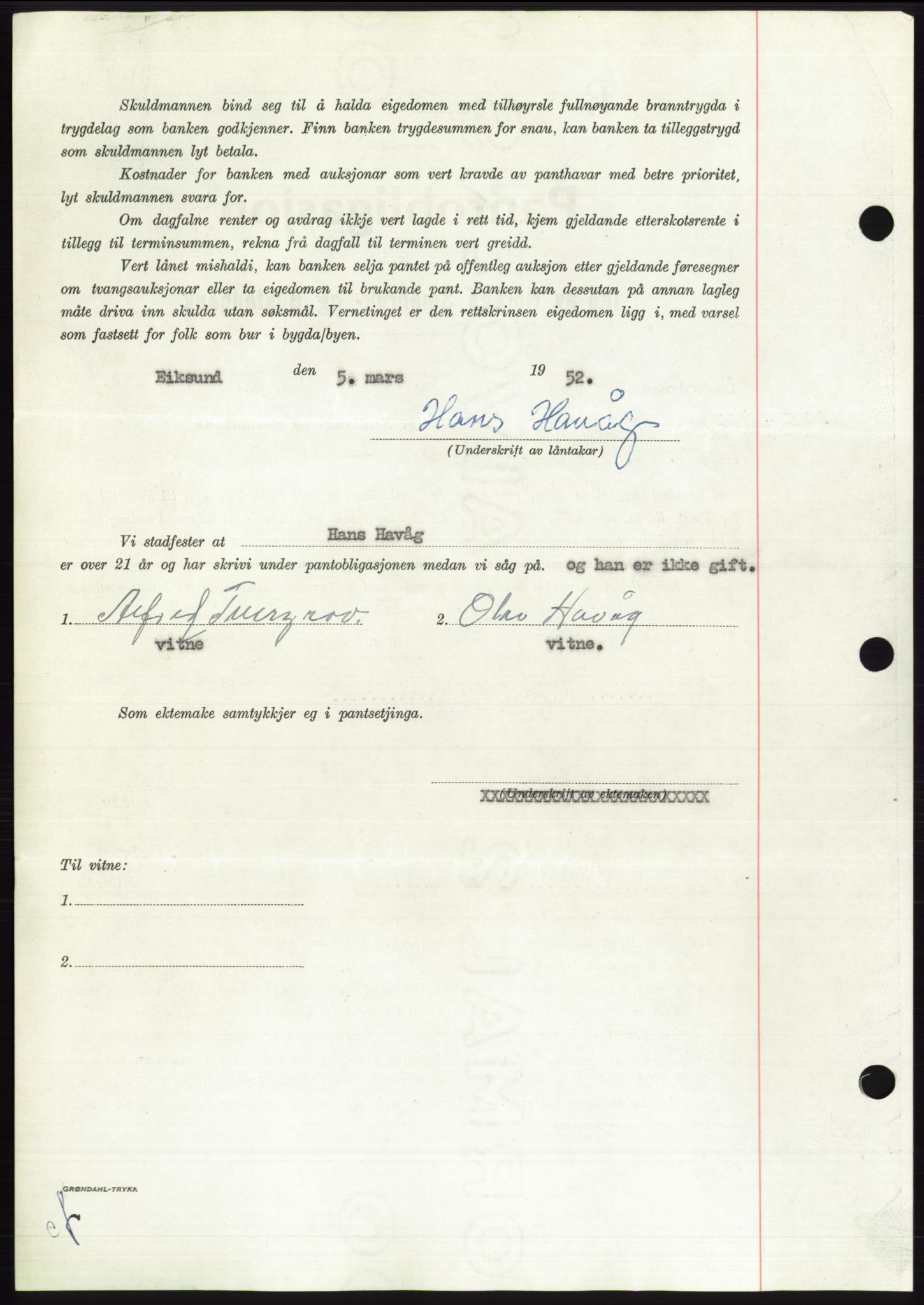 Søre Sunnmøre sorenskriveri, AV/SAT-A-4122/1/2/2C/L0121: Mortgage book no. 9B, 1951-1952, Diary no: : 791/1952