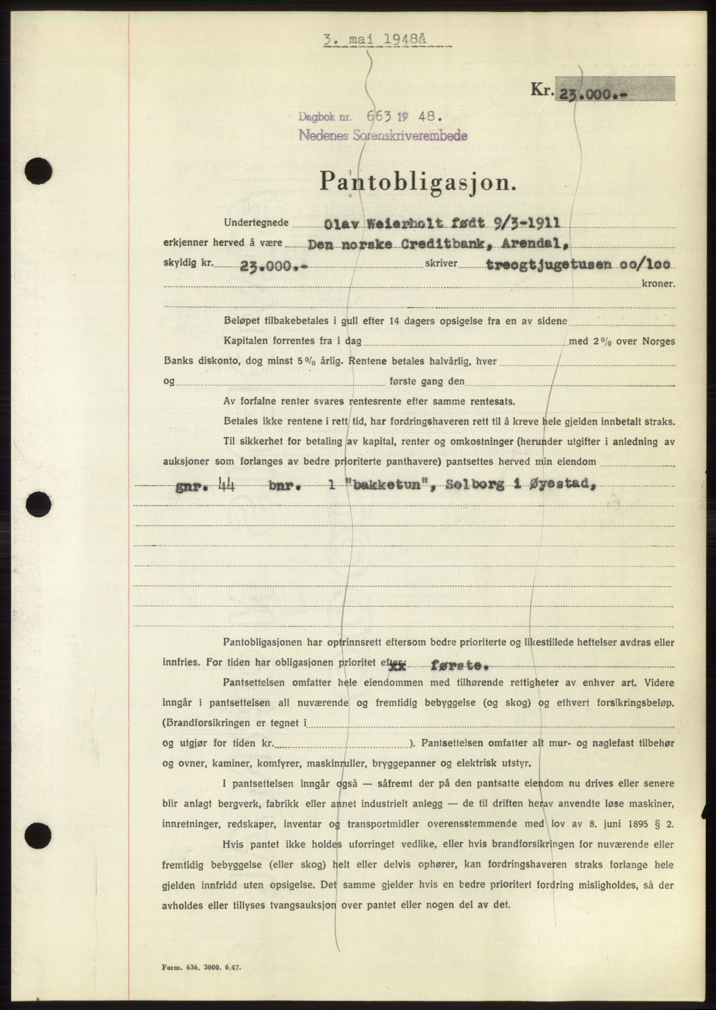 Nedenes sorenskriveri, AV/SAK-1221-0006/G/Gb/Gbb/L0005: Mortgage book no. B5, 1948-1948, Diary no: : 663/1948