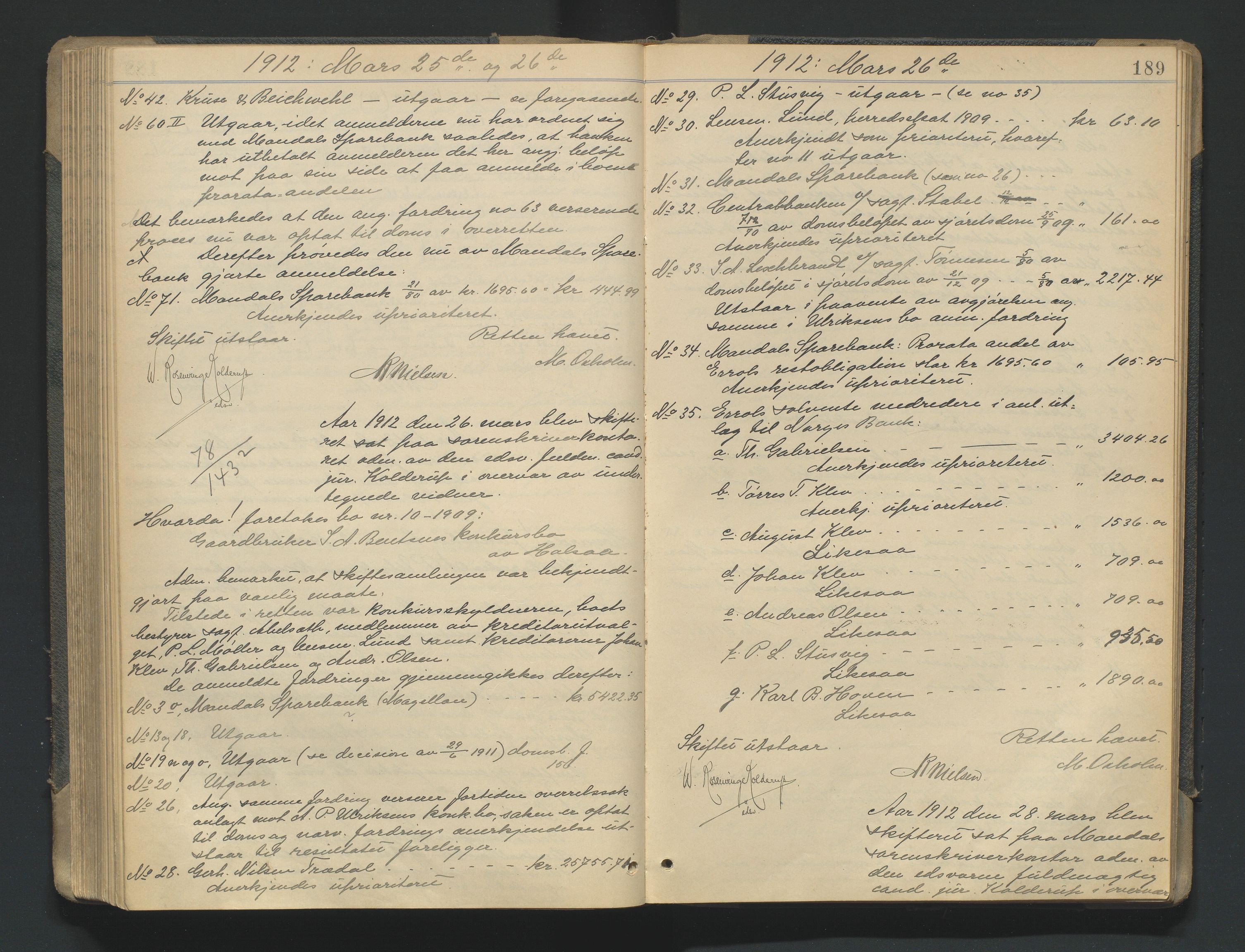 Mandal sorenskriveri, AV/SAK-1221-0005/001/H/Hc/L0081: Skifteforhandlingsprotokoll nr 13, 1909-1913, p. 189