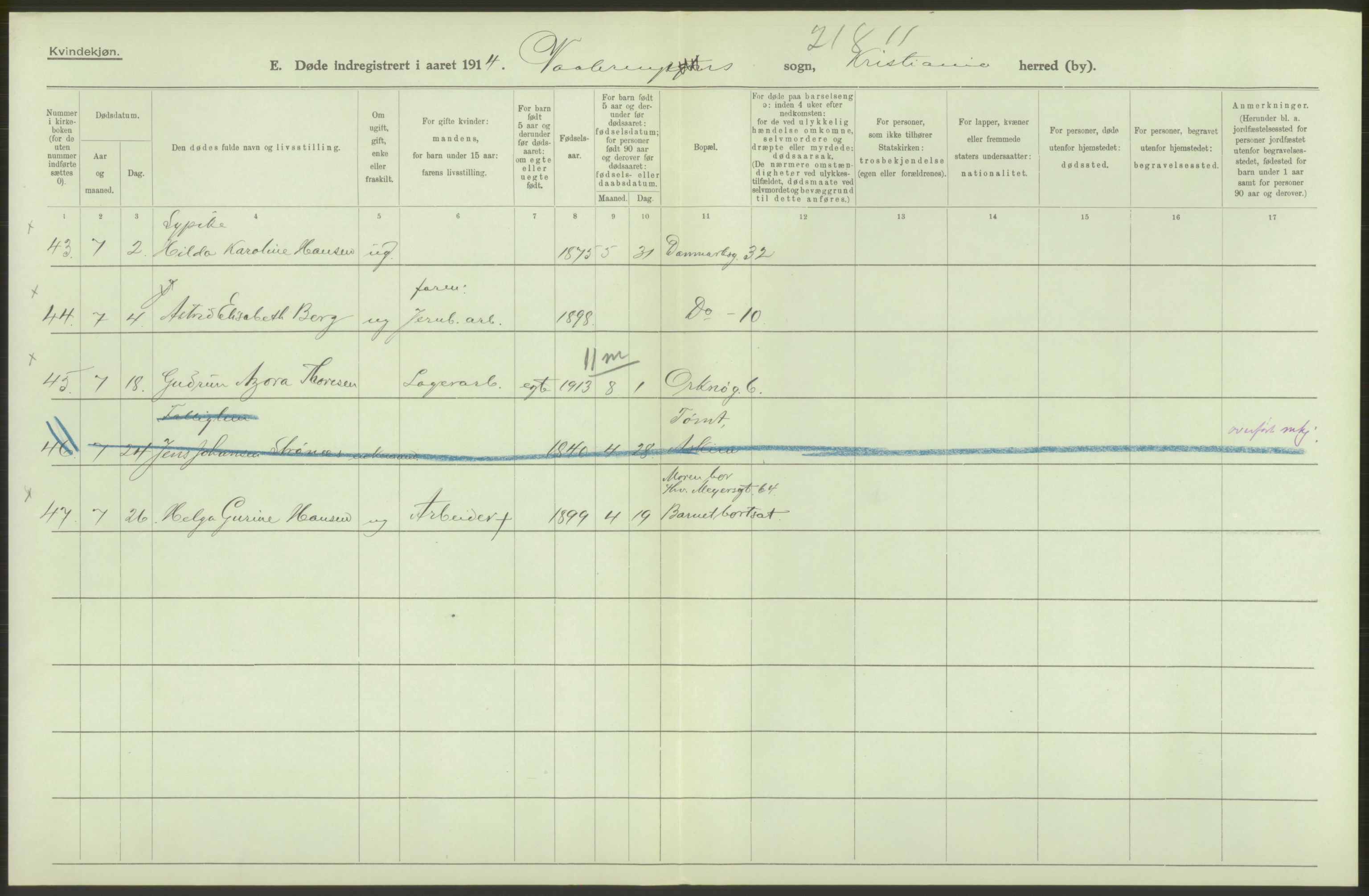 Statistisk sentralbyrå, Sosiodemografiske emner, Befolkning, AV/RA-S-2228/D/Df/Dfb/Dfbd/L0008: Kristiania: Døde, 1914, p. 196