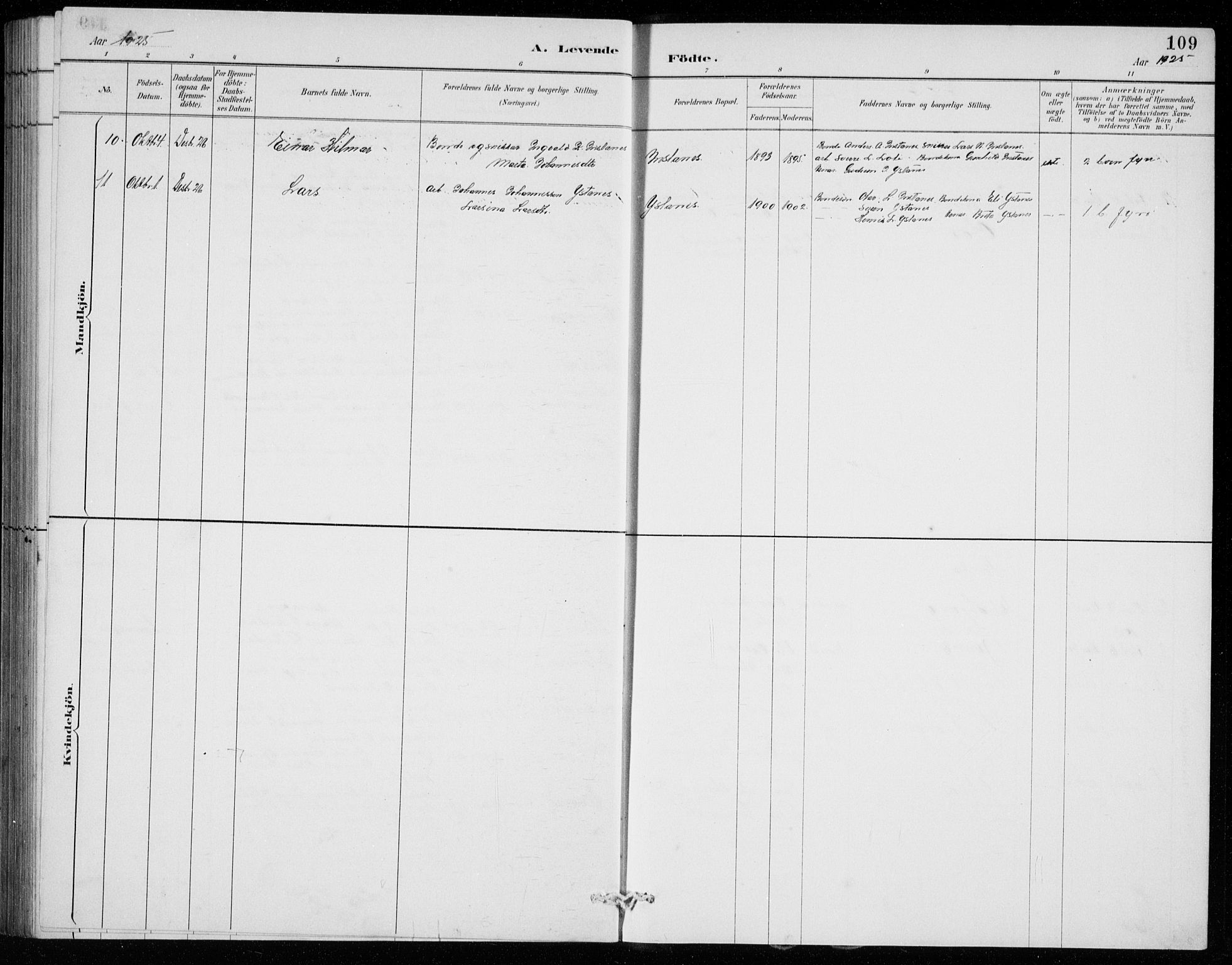 Ullensvang sokneprestembete, AV/SAB-A-78701/H/Hab: Parish register (copy) no. E  7, 1887-1929, p. 109