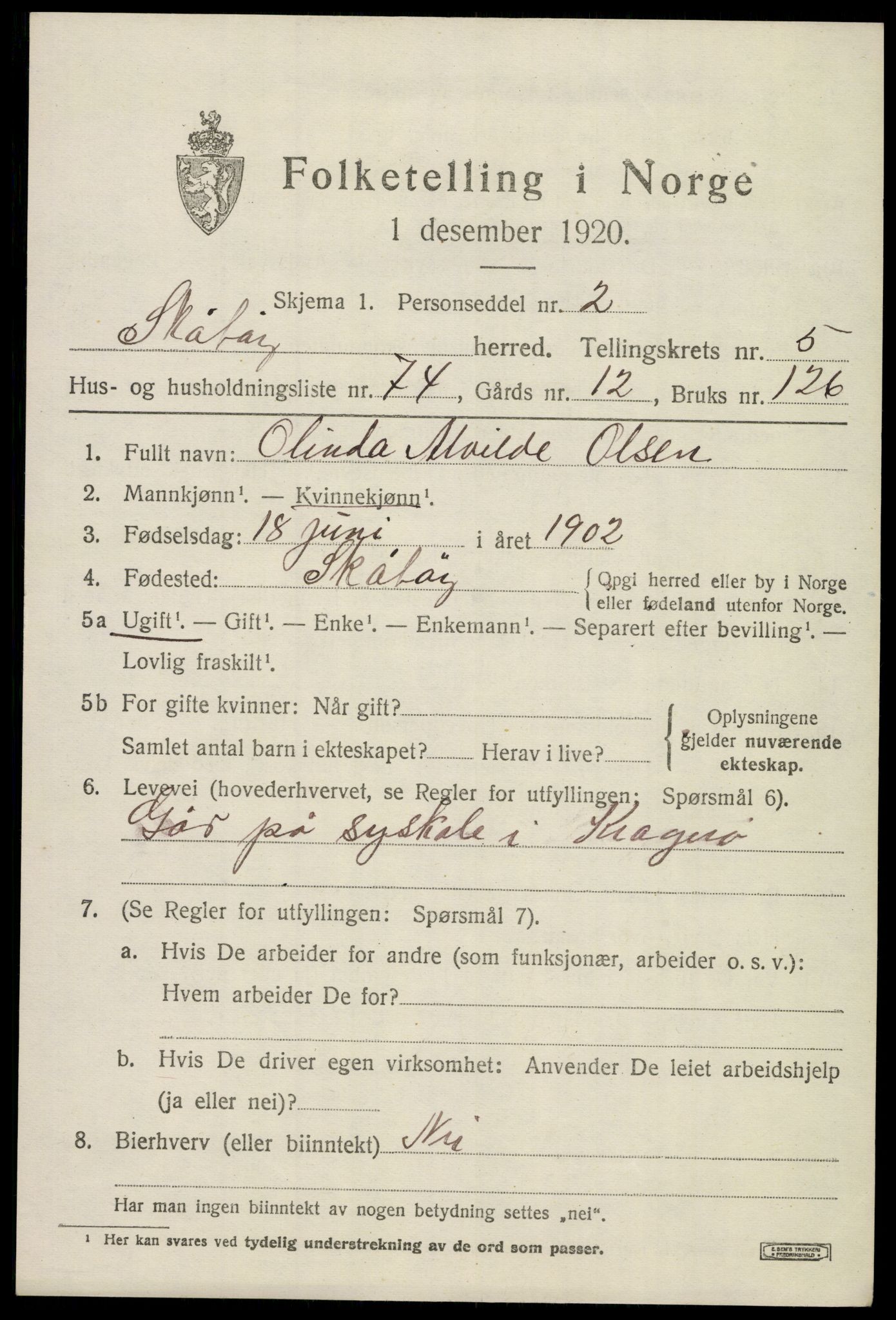 SAKO, 1920 census for Skåtøy, 1920, p. 4692