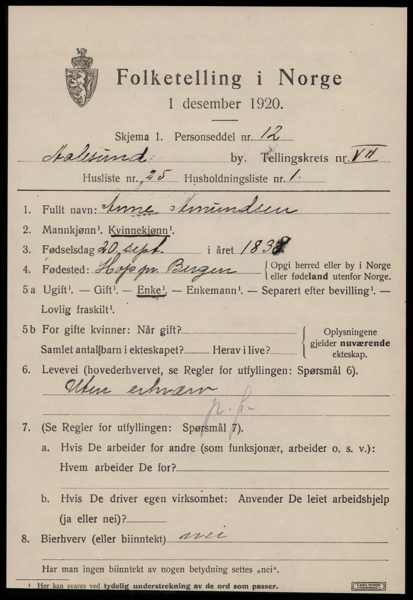 SAT, 1920 census for Ålesund, 1920, p. 20022
