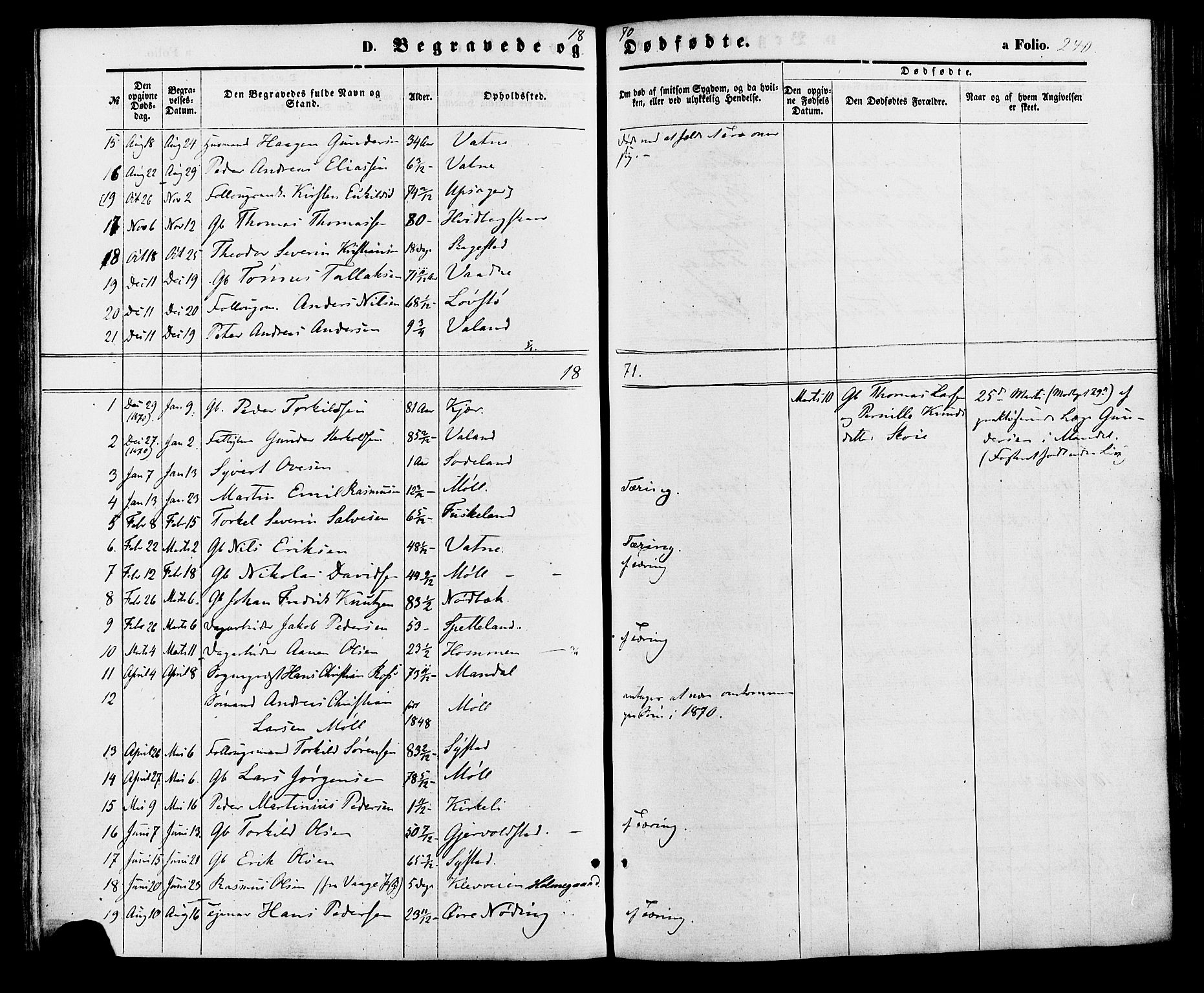 Holum sokneprestkontor, AV/SAK-1111-0022/F/Fa/Faa/L0006: Parish register (official) no. A 6, 1865-1883, p. 240