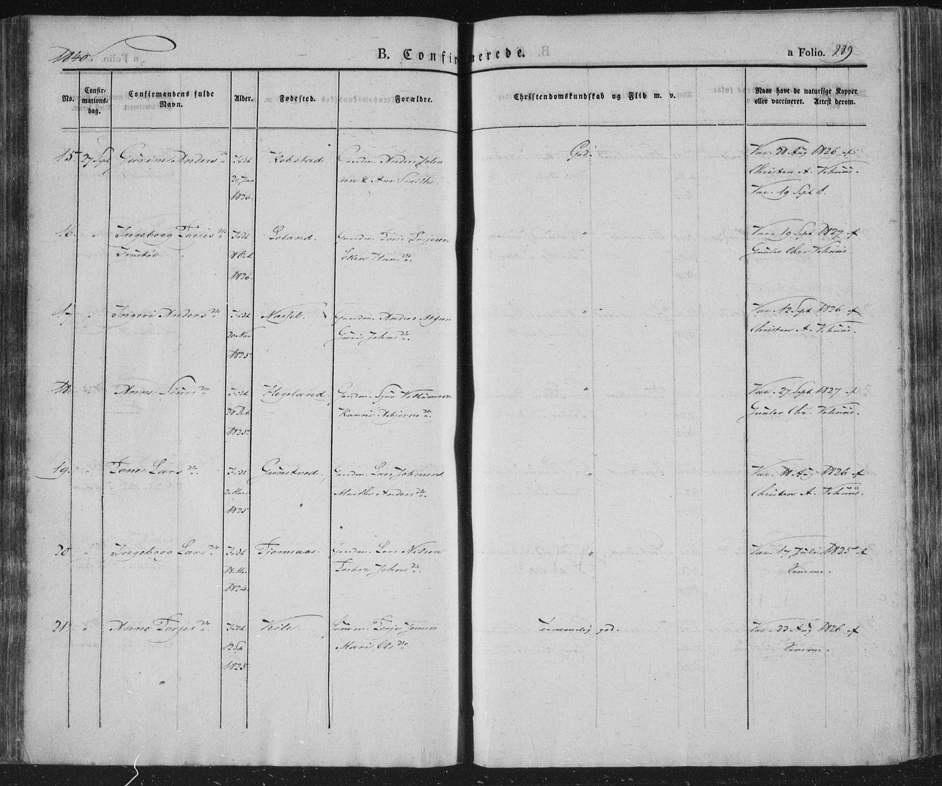 Vennesla sokneprestkontor, AV/SAK-1111-0045/Fa/Fac/L0004: Parish register (official) no. A 4, 1834-1855, p. 289