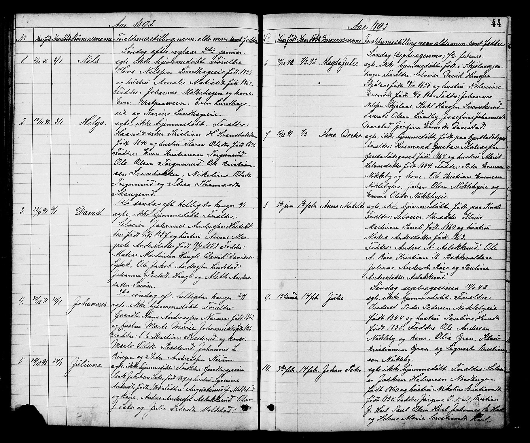 Vestre Toten prestekontor, SAH/PREST-108/H/Ha/Hab/L0008: Parish register (copy) no. 8, 1885-1900, p. 44
