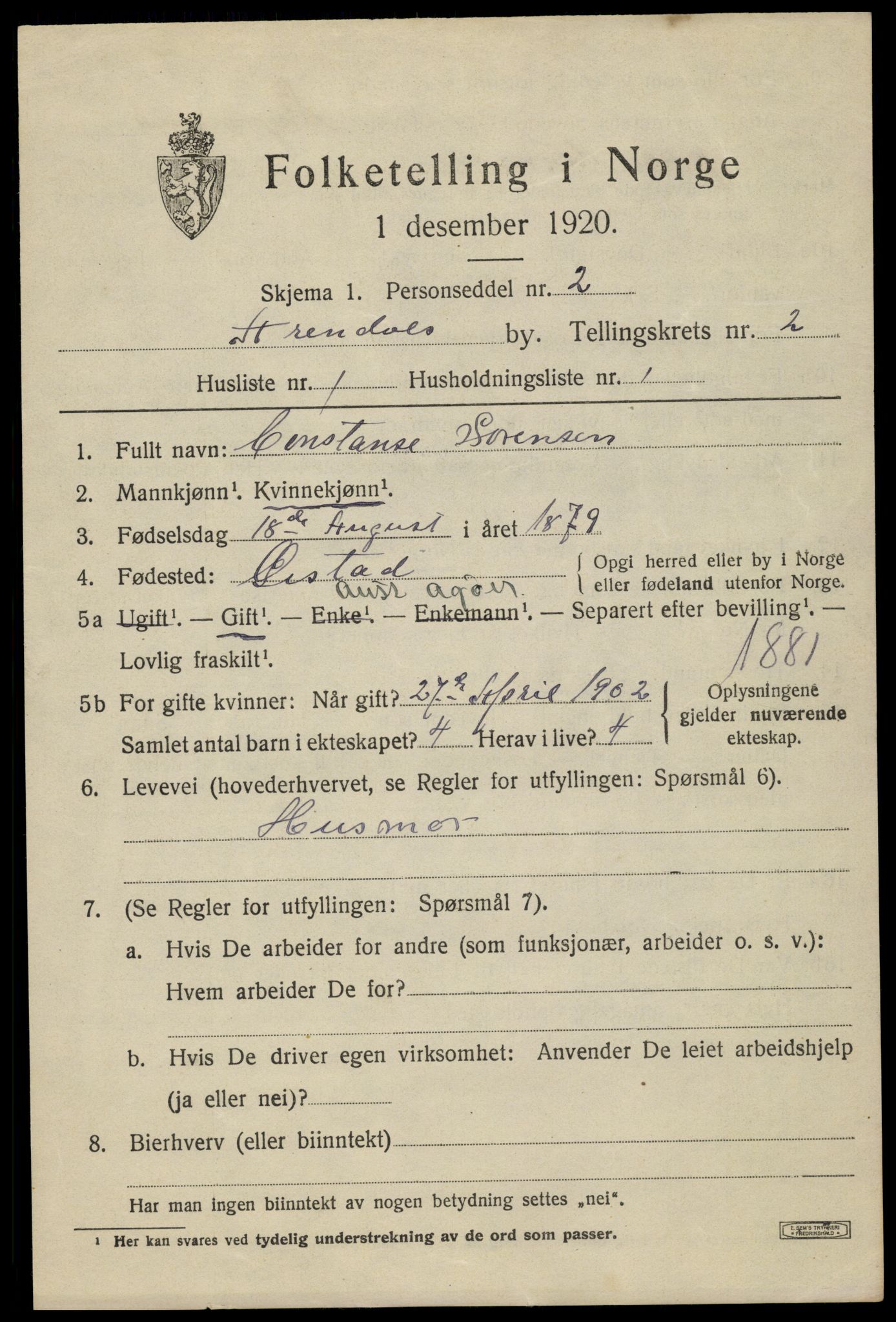 SAK, 1920 census for Arendal, 1920, p. 10008