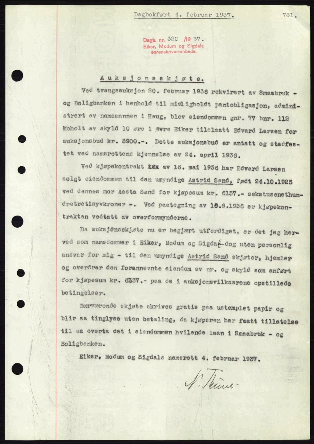 Eiker, Modum og Sigdal sorenskriveri, SAKO/A-123/G/Ga/Gab/L0034: Mortgage book no. A4, 1936-1937, Diary no: : 320/1937