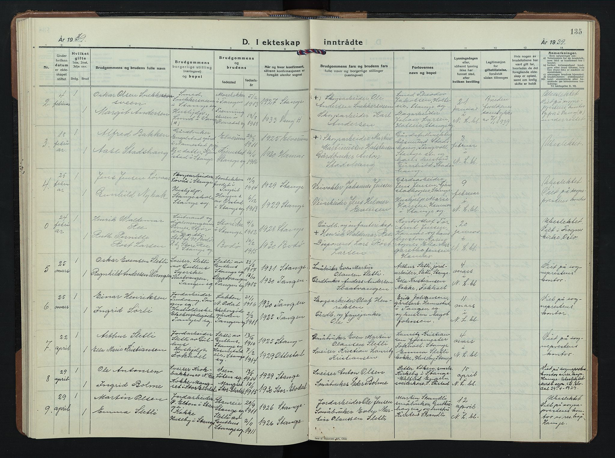 Stange prestekontor, AV/SAH-PREST-002/L/L0020: Parish register (copy) no. 20, 1936-1947, p. 135