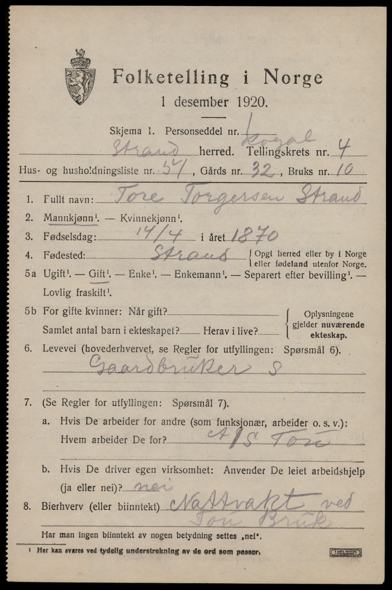 SAST, 1920 census for Strand, 1920, p. 3536