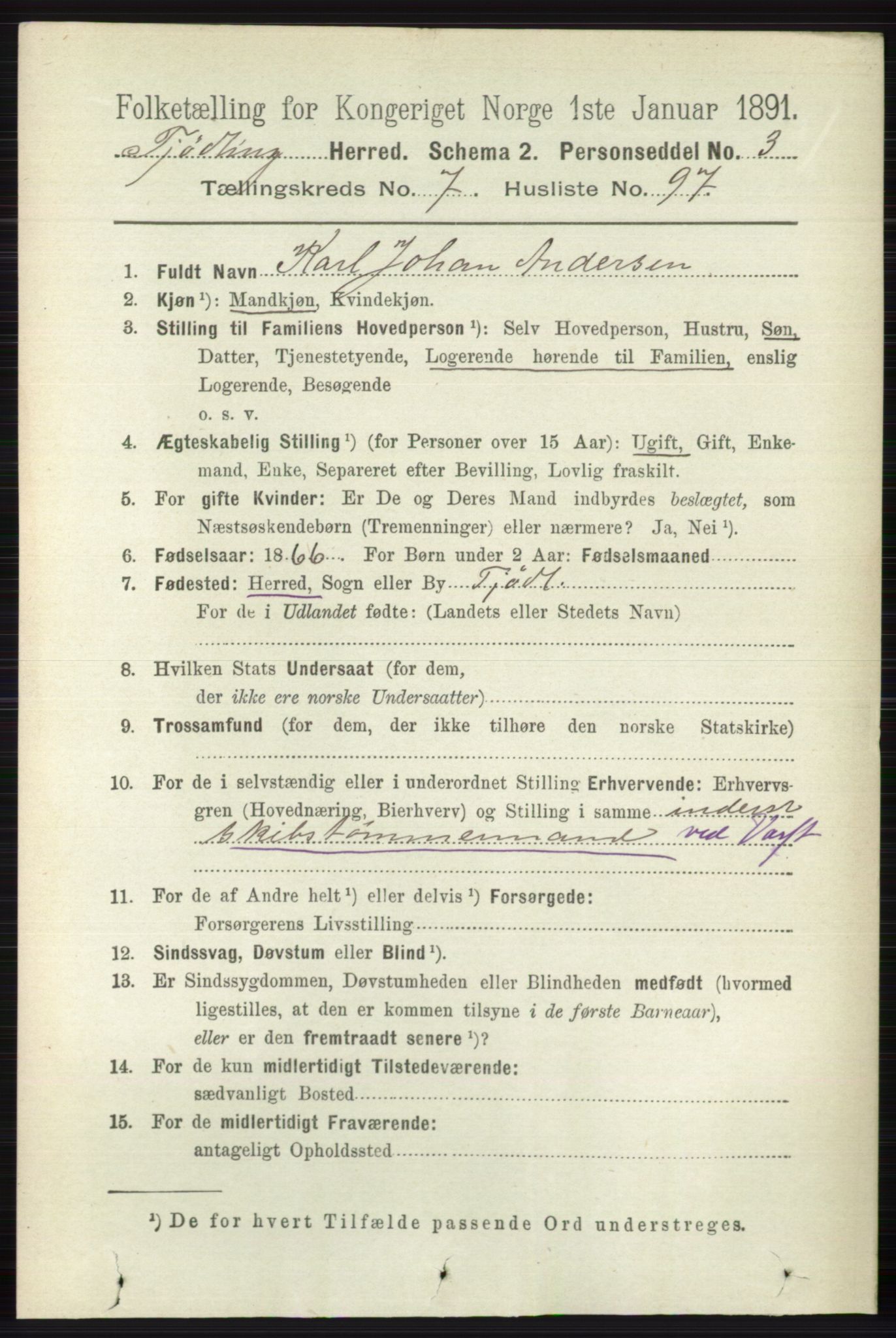 RA, 1891 census for 0725 Tjølling, 1891, p. 4300