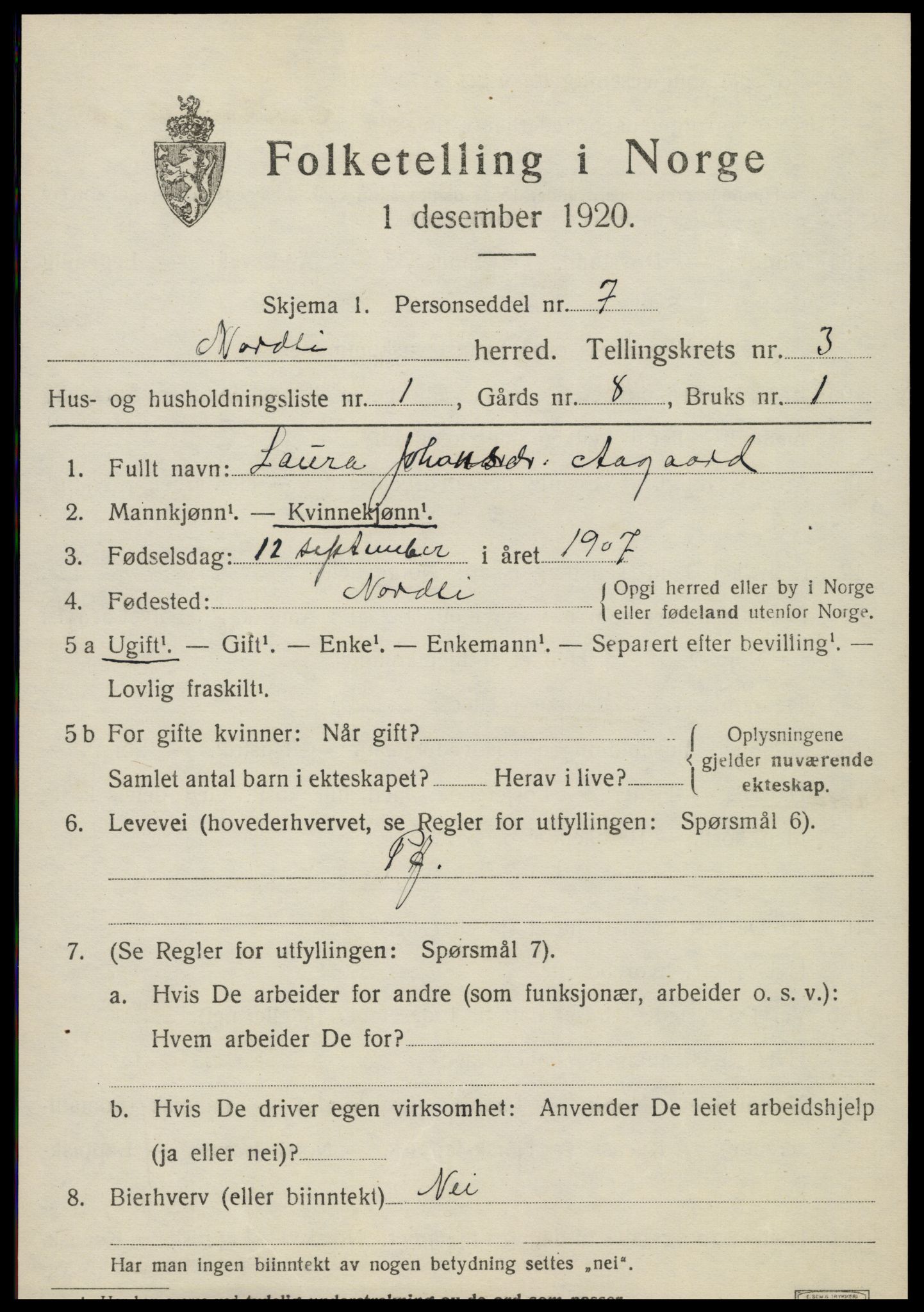 SAT, 1920 census for Nordli, 1920, p. 1419