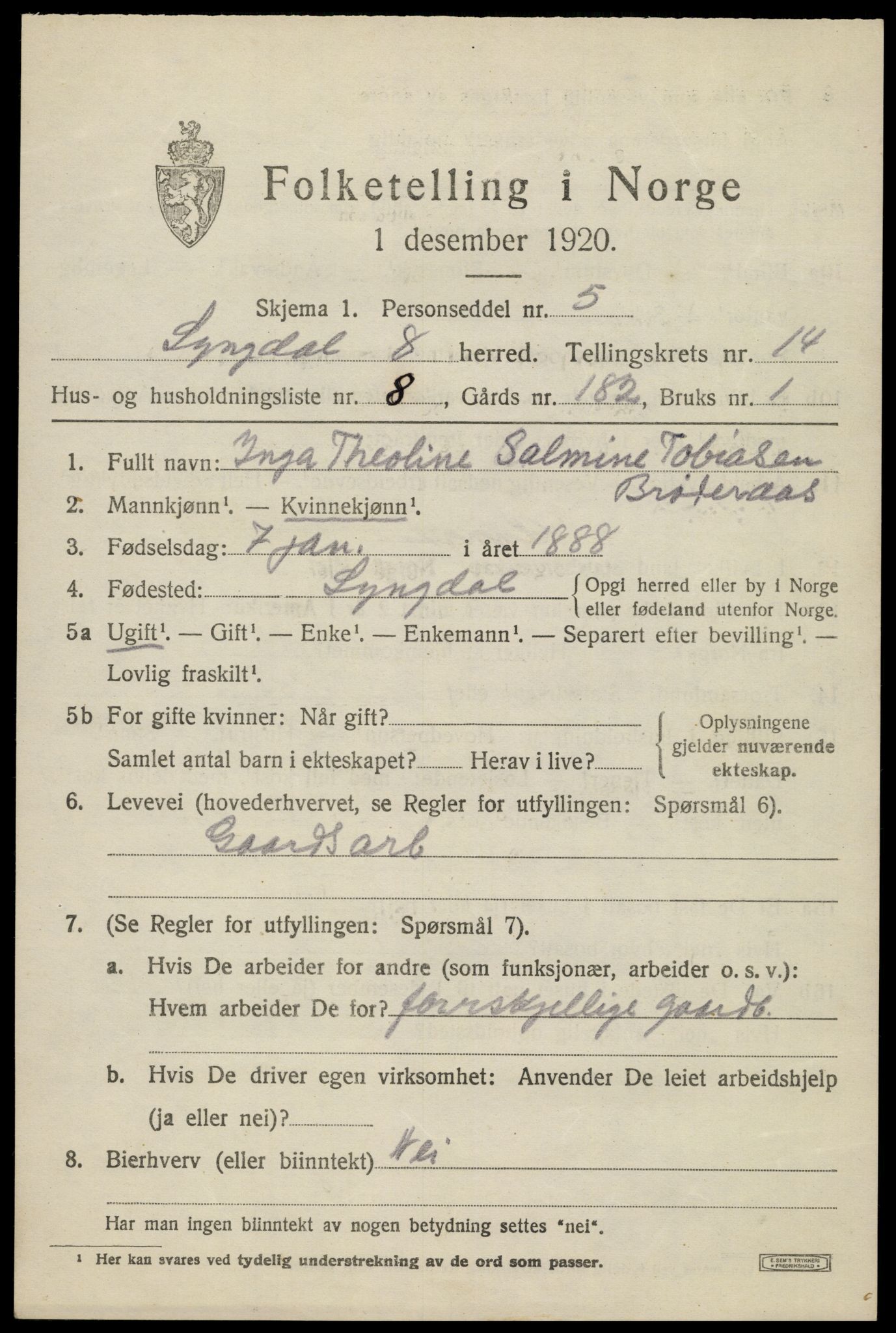 SAK, 1920 census for Lyngdal, 1920, p. 6055