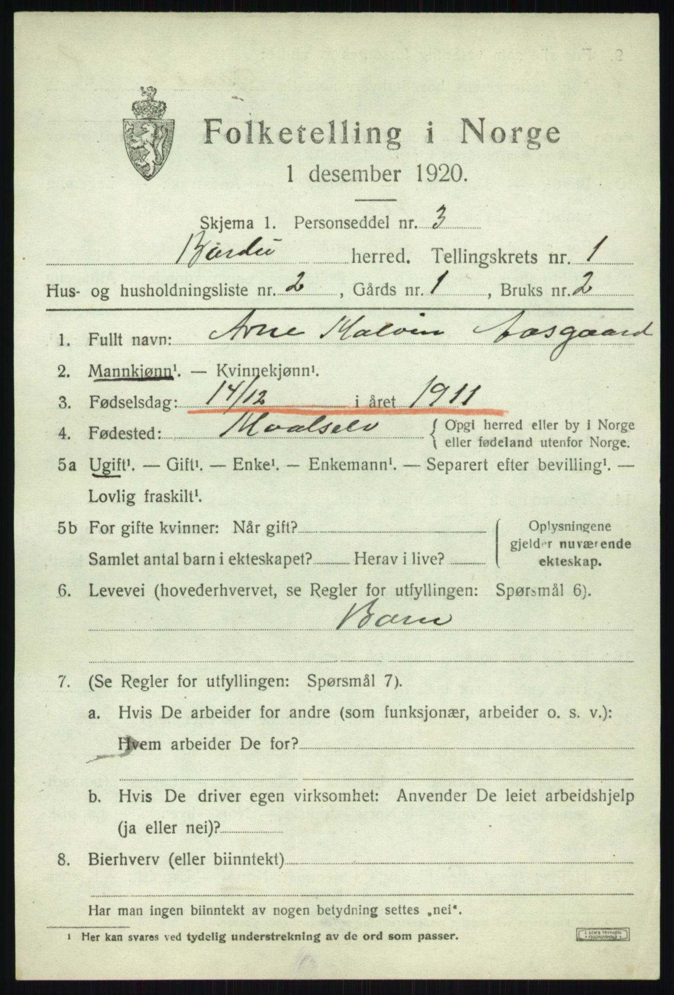 SATØ, 1920 census for Bardu, 1920, p. 643