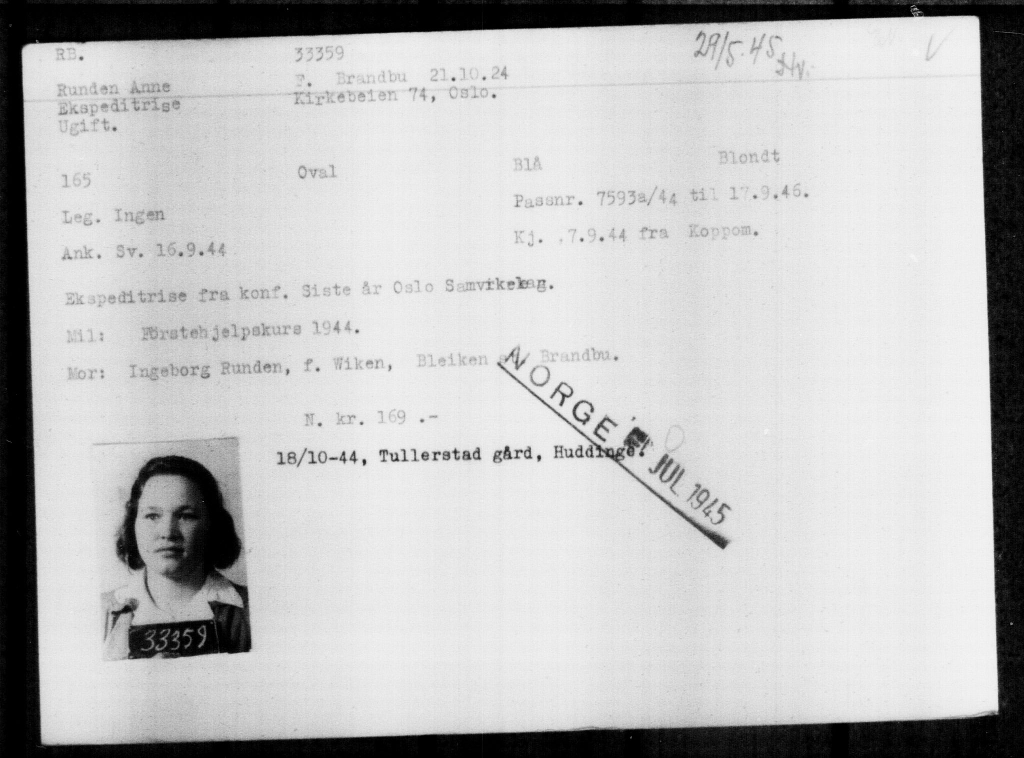 Utenriksstasjonene, Legasjonen i Stockholm, Flyktningkontoret, AV/RA-S-6753/V/Va/L0013: Kjesäterkartoteket, flyktninger med registreringsnr. 31500-34731, 1940-1945, p. 1955