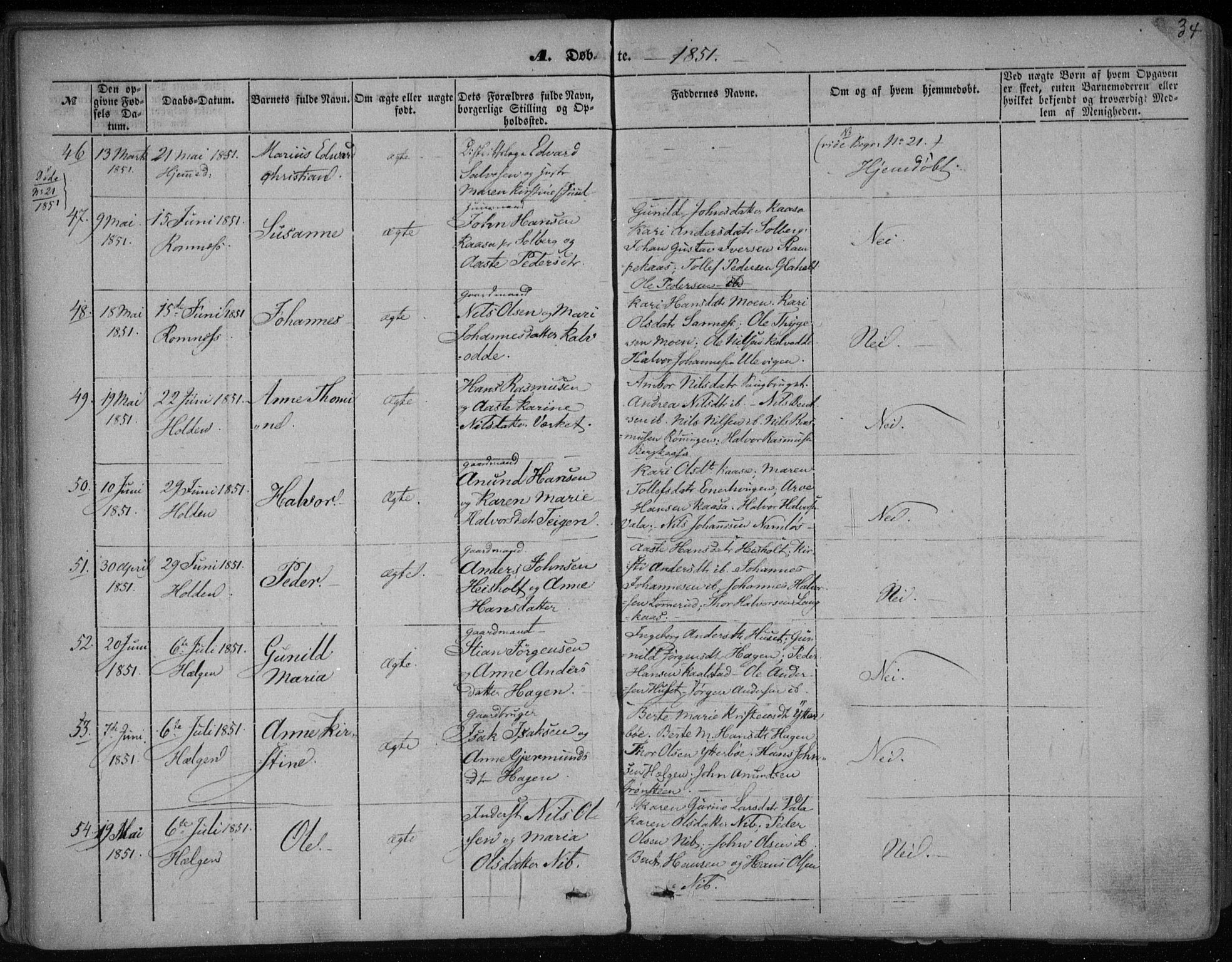 Holla kirkebøker, SAKO/A-272/F/Fa/L0005: Parish register (official) no. 5, 1849-1860, p. 34