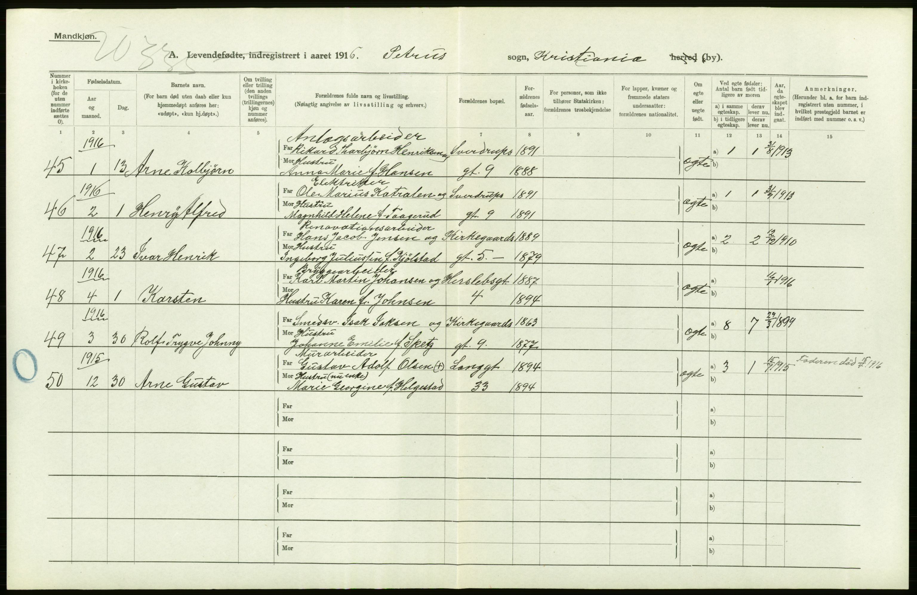 Statistisk sentralbyrå, Sosiodemografiske emner, Befolkning, AV/RA-S-2228/D/Df/Dfb/Dfbf/L0006: Kristiania: Levendefødte menn og kvinner., 1916, p. 558