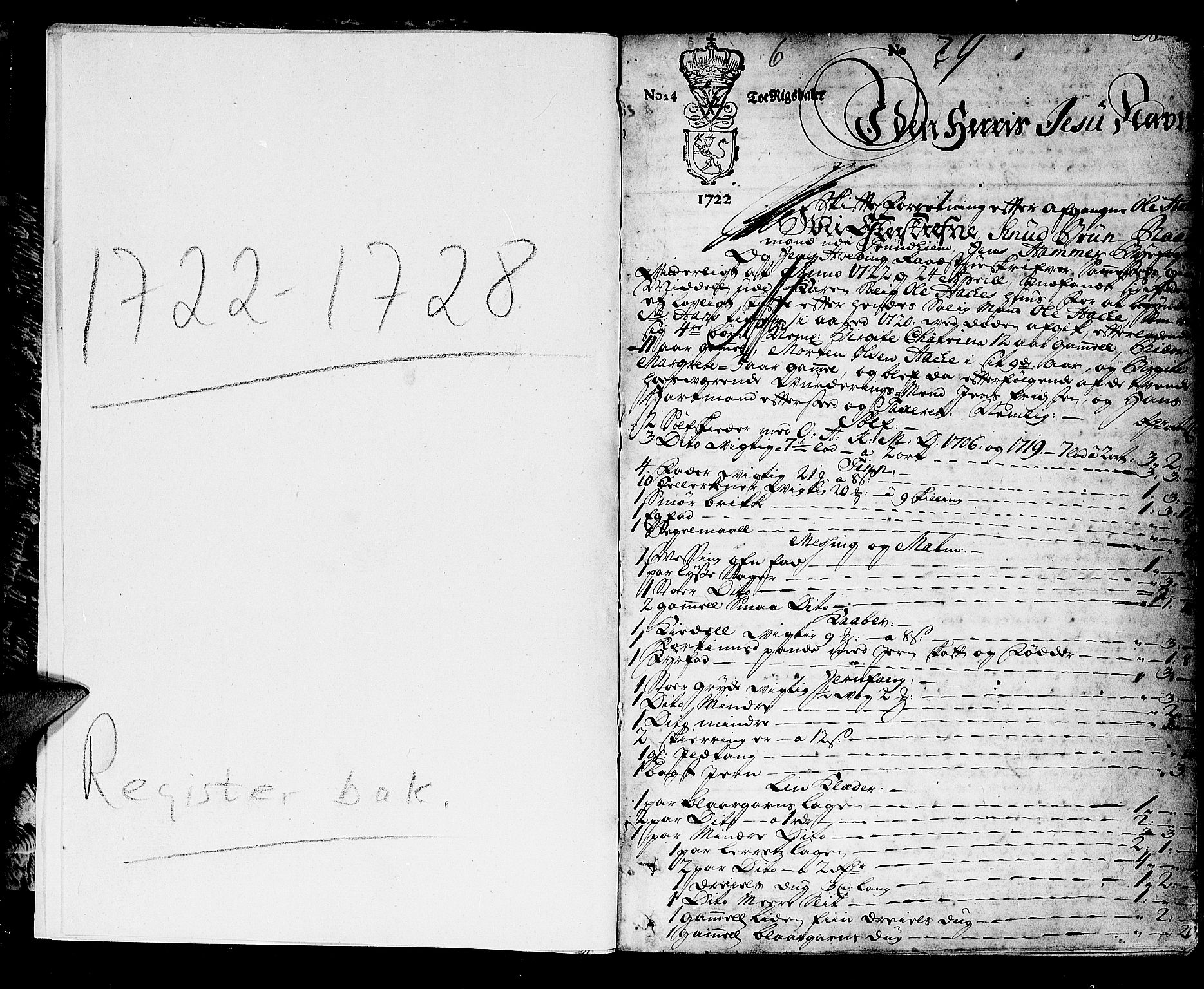 Trondheim byfogd, AV/SAT-A-0003/1/3/3A/L0009: Skifteprotokoll - gml.nr.9. (m/ register), 1722-1728, p. 0b-1a