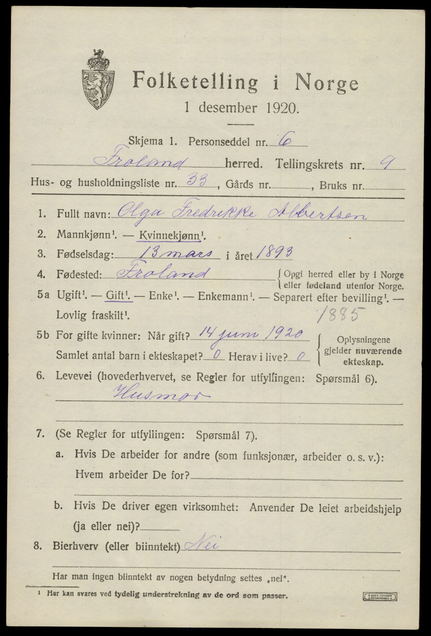 SAK, 1920 census for Froland, 1920, p. 5271