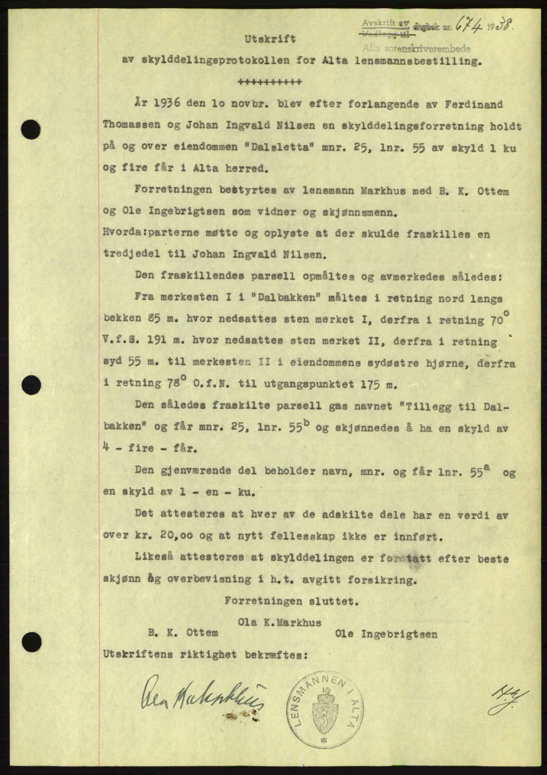 Alta fogderi/sorenskriveri, SATØ/SATØ-5/1/K/Kd/L0031pantebok: Mortgage book no. 31, 1938-1939, Diary no: : 674/1938