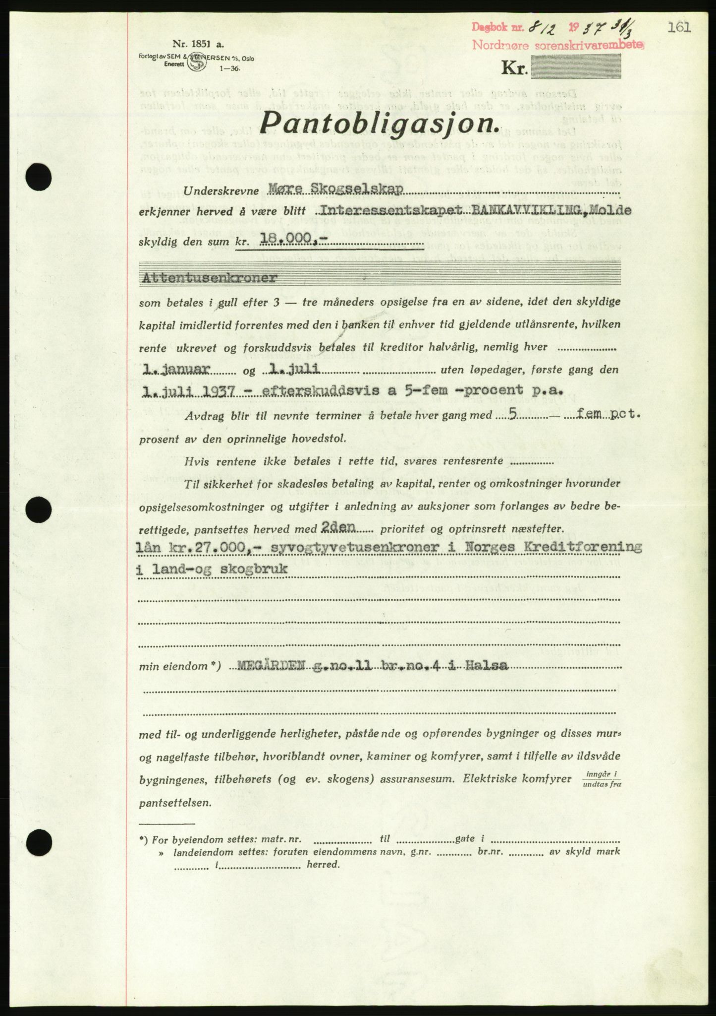 Nordmøre sorenskriveri, AV/SAT-A-4132/1/2/2Ca/L0091: Mortgage book no. B81, 1937-1937, Diary no: : 812/1937