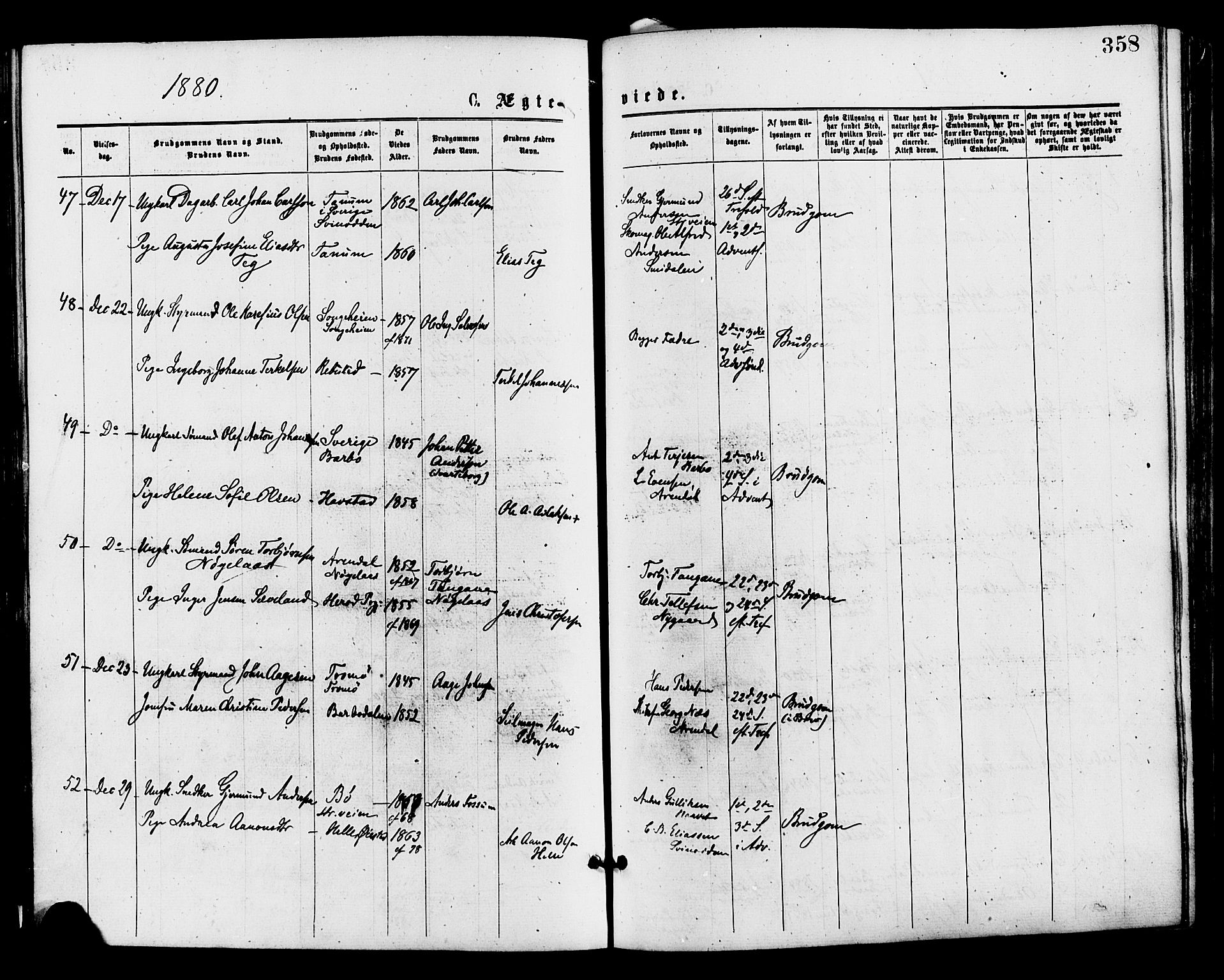 Barbu sokneprestkontor, AV/SAK-1111-0003/F/Fa/L0001: Parish register (official) no. A 1 /1, 1878-1883, p. 358