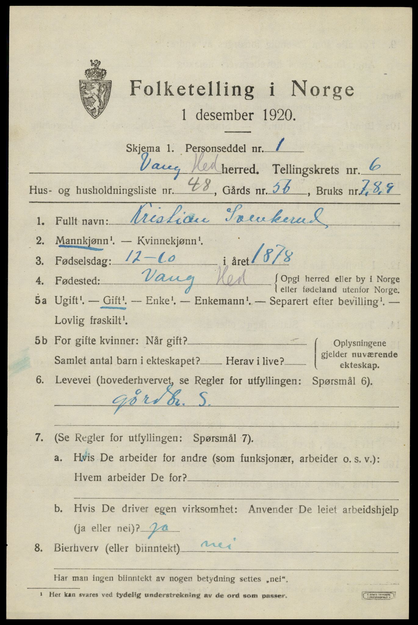 SAH, 1920 census for Vang (Hedmark), 1920, p. 15761