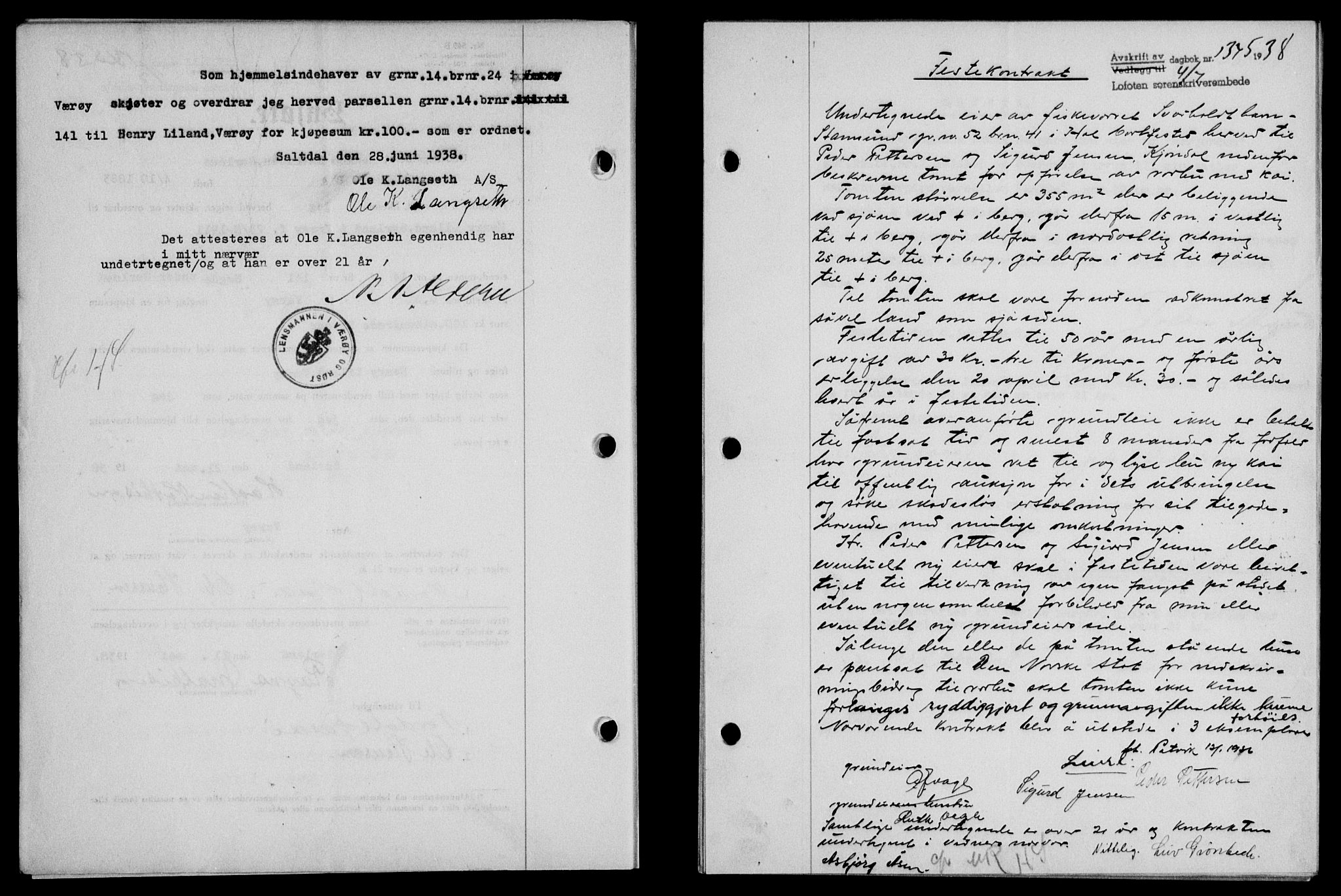 Lofoten sorenskriveri, SAT/A-0017/1/2/2C/L0004a: Mortgage book no. 4a, 1938-1938, Diary no: : 1375/1938
