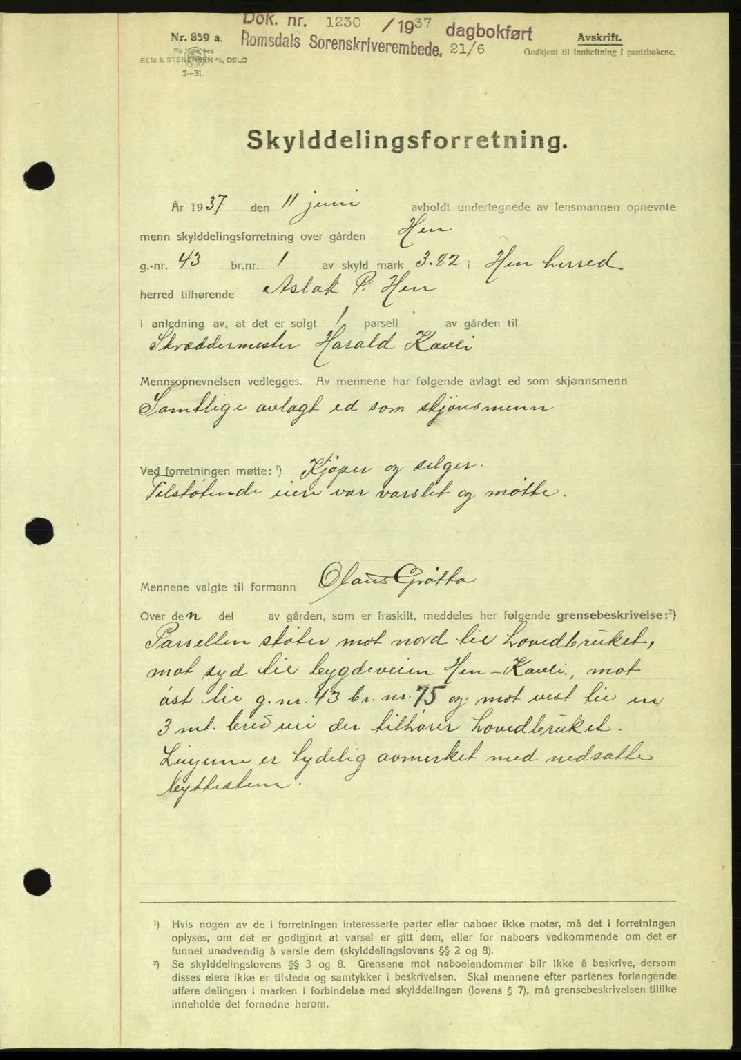 Romsdal sorenskriveri, SAT/A-4149/1/2/2C: Mortgage book no. A3, 1937-1937, Diary no: : 1230/1937