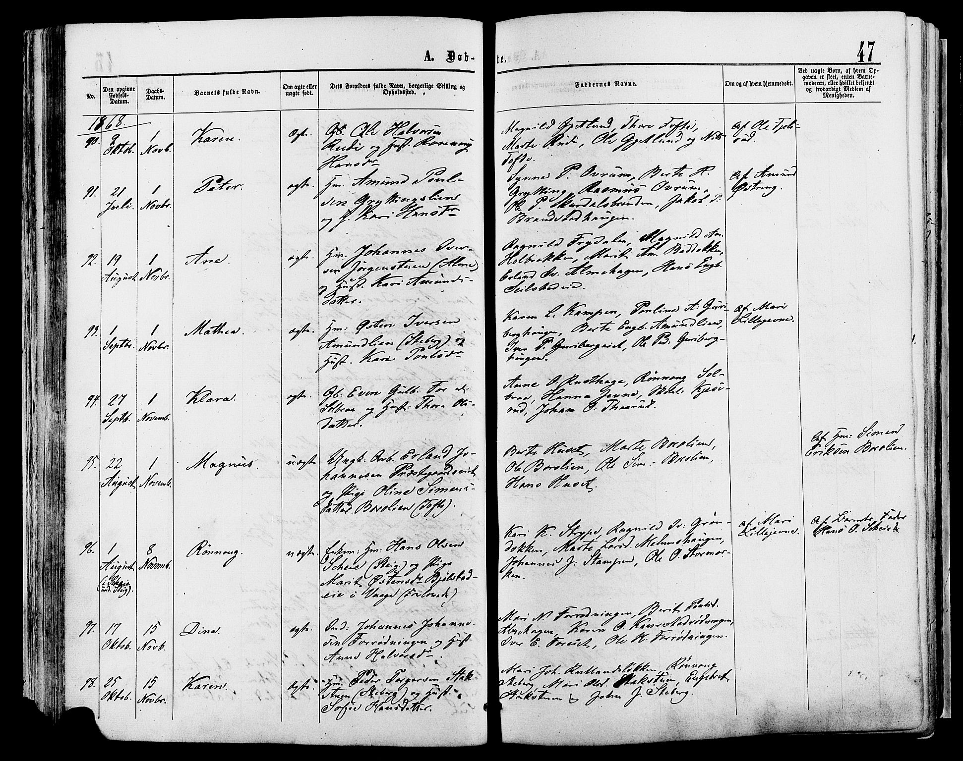 Sør-Fron prestekontor, AV/SAH-PREST-010/H/Ha/Haa/L0002: Parish register (official) no. 2, 1864-1880, p. 47