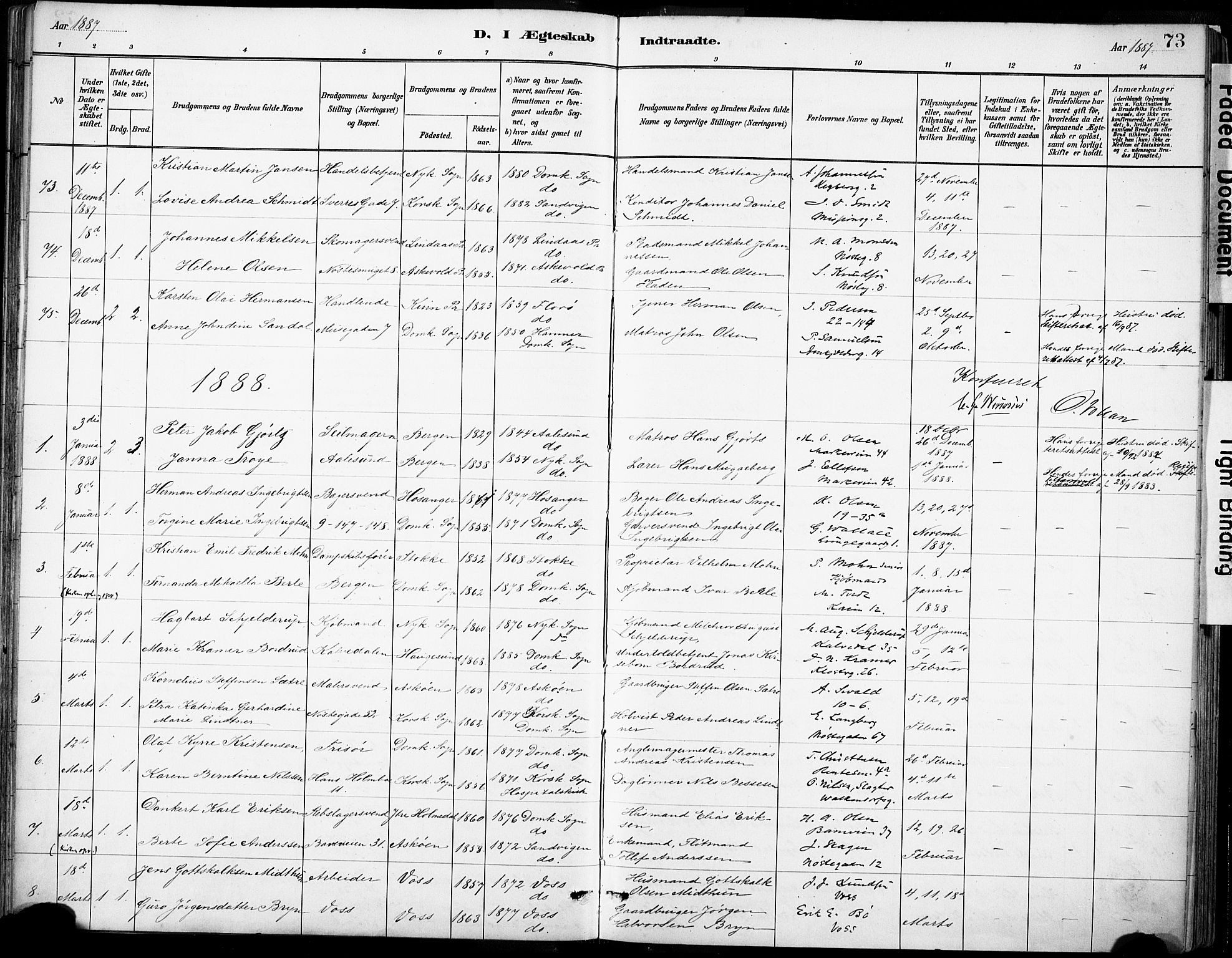 Domkirken sokneprestembete, AV/SAB-A-74801/H/Haa/L0037: Parish register (official) no. D 4, 1880-1907, p. 73