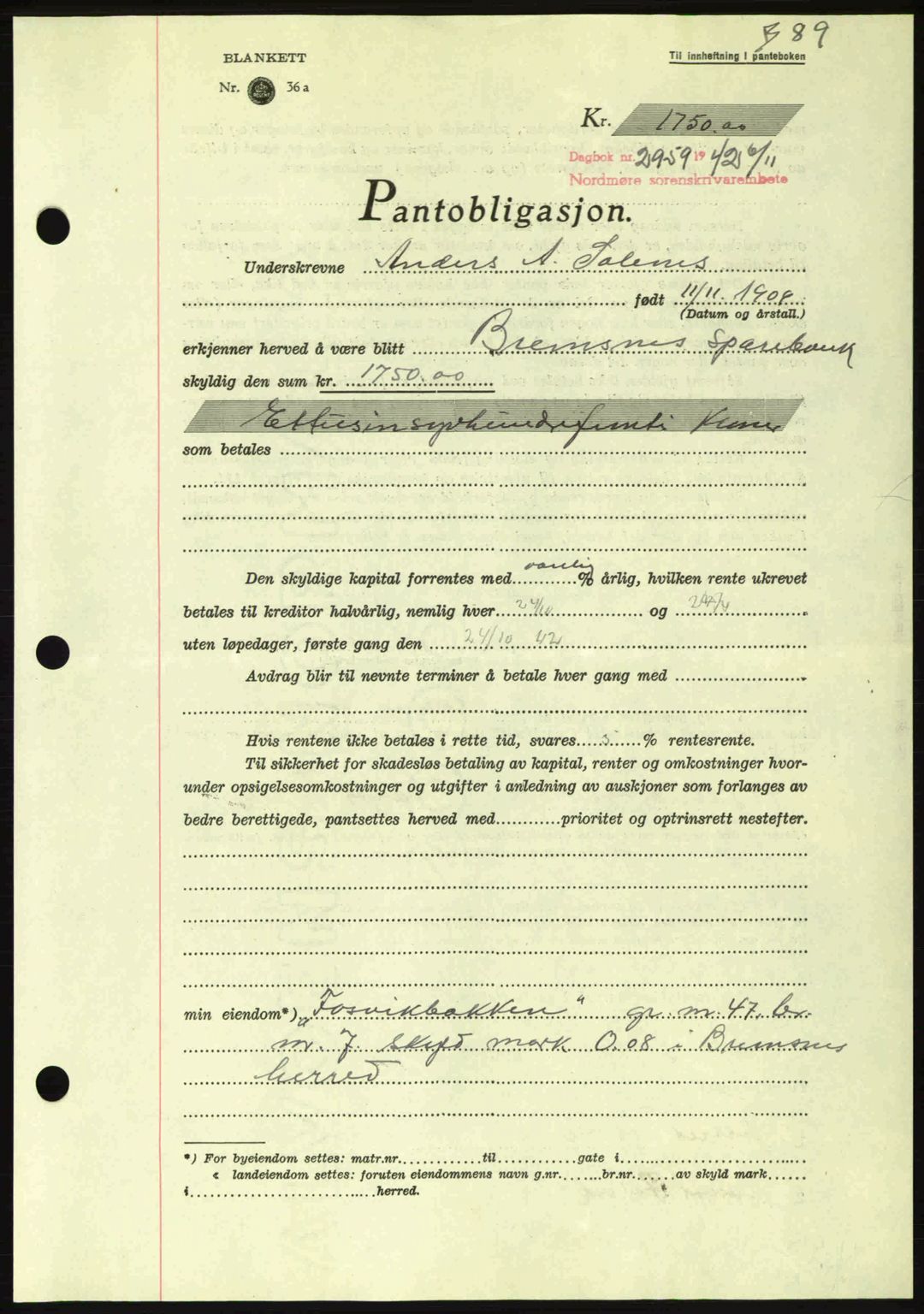 Nordmøre sorenskriveri, AV/SAT-A-4132/1/2/2Ca: Mortgage book no. B90, 1942-1943, Diary no: : 2959/1942