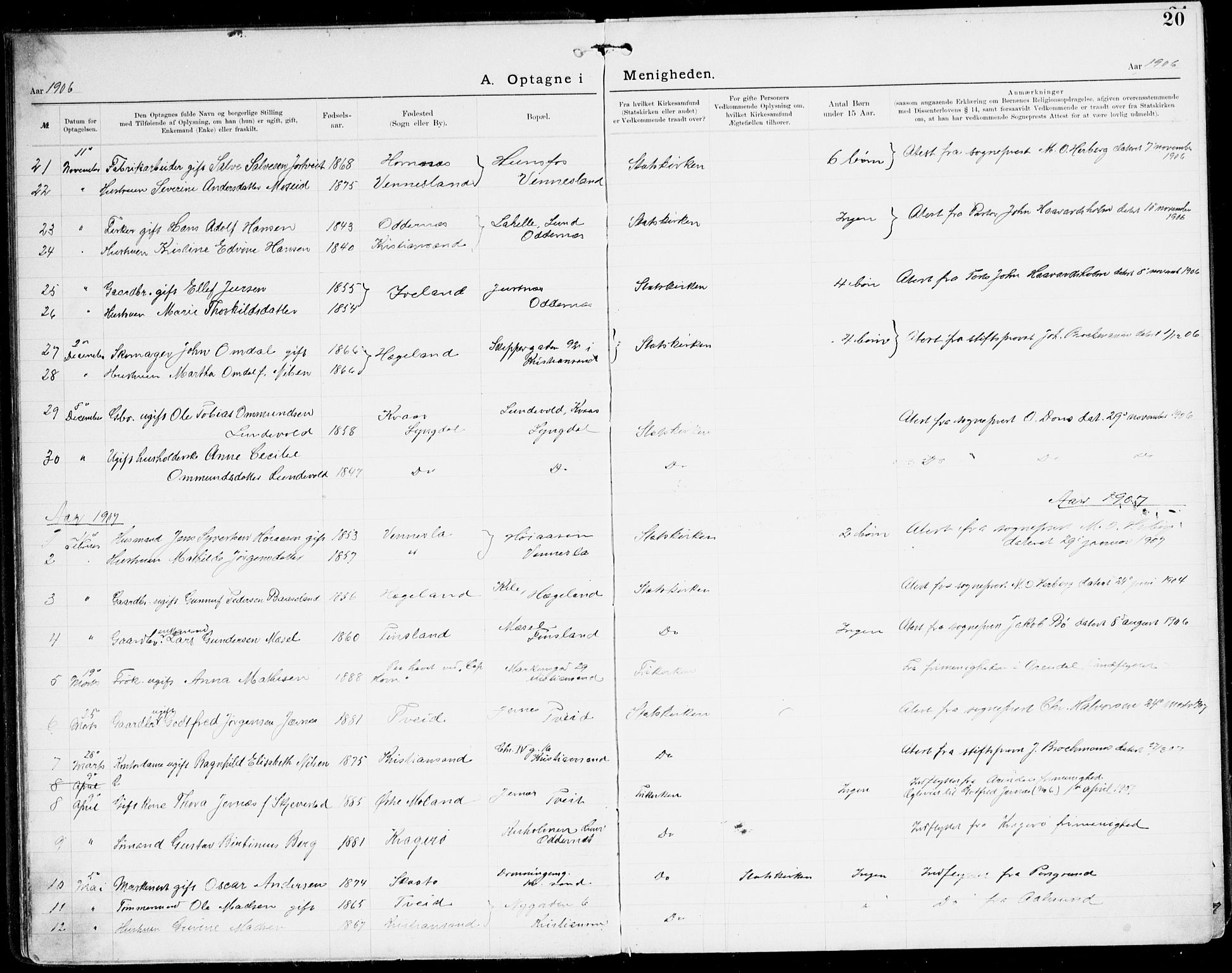 Den evangelisk-lutherske frikirke, Kristiansand, SAK/1292-0017/F/Fa/L0003: Dissenter register no. F 11, 1892-1925, p. 20