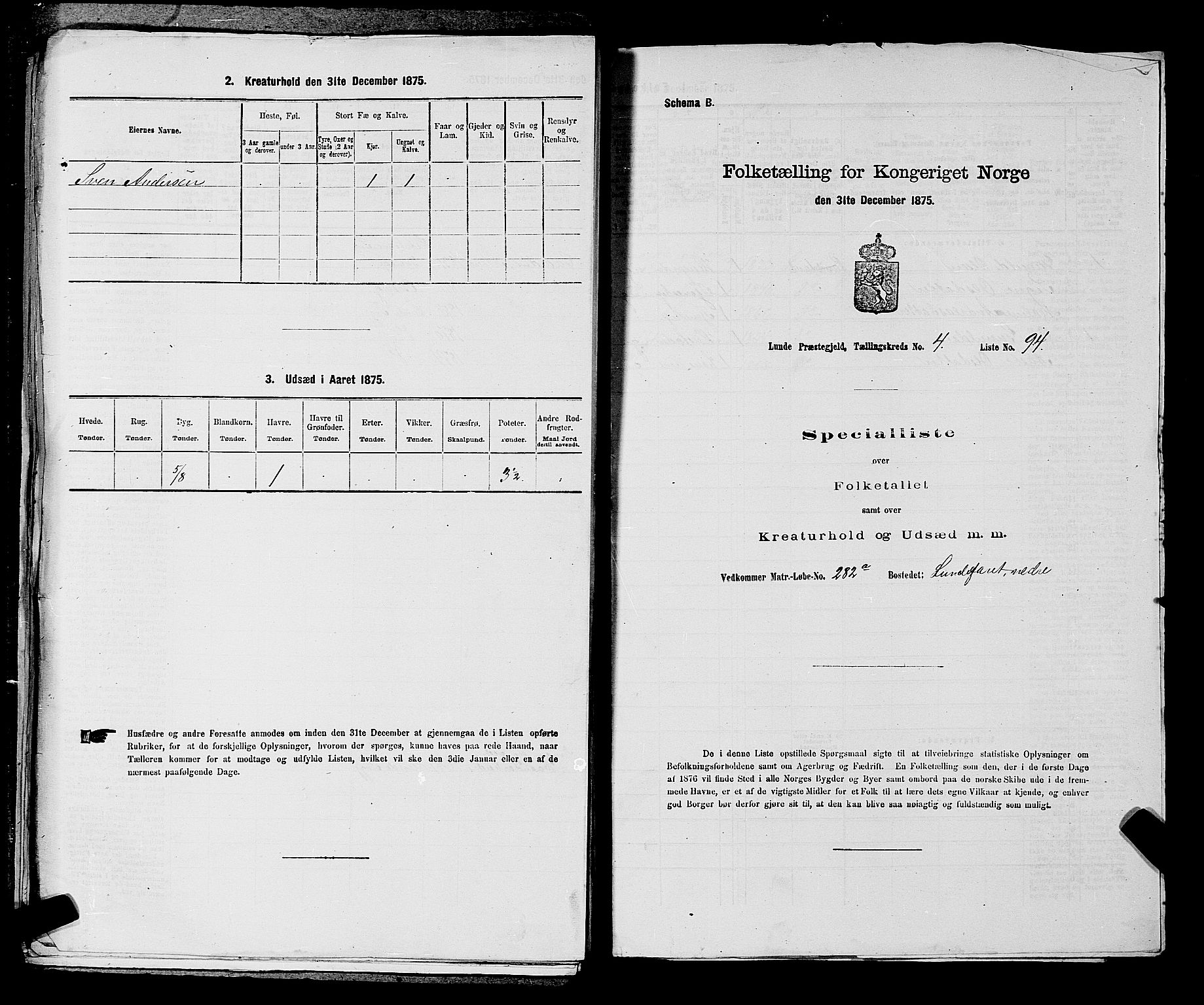 SAKO, 1875 census for 0820P Lunde, 1875, p. 652