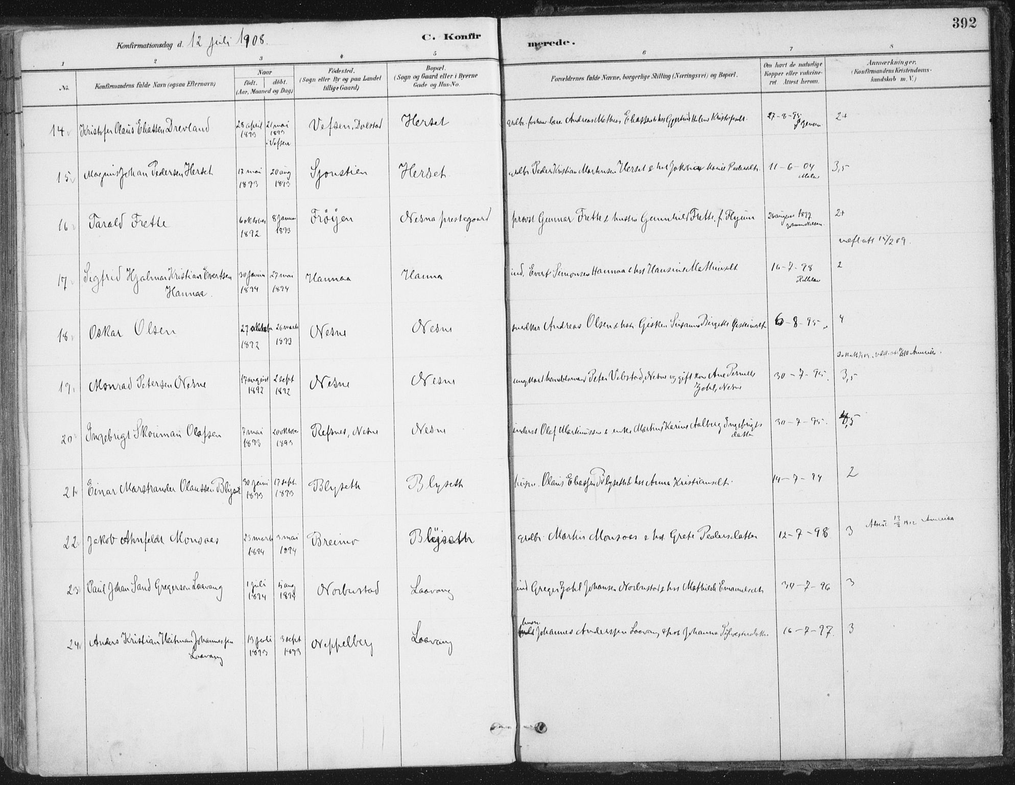 Ministerialprotokoller, klokkerbøker og fødselsregistre - Nordland, AV/SAT-A-1459/838/L0552: Parish register (official) no. 838A10, 1880-1910, p. 392