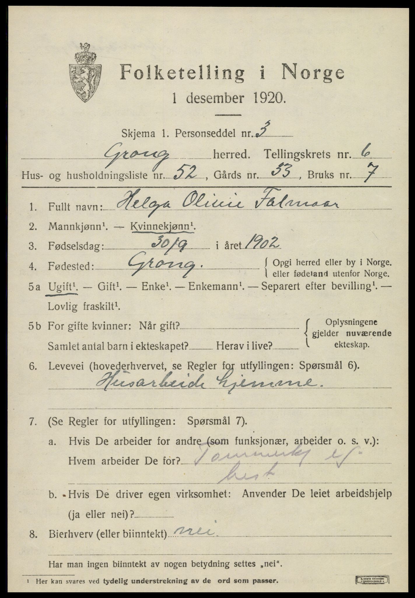 SAT, 1920 census for Grong, 1920, p. 4095