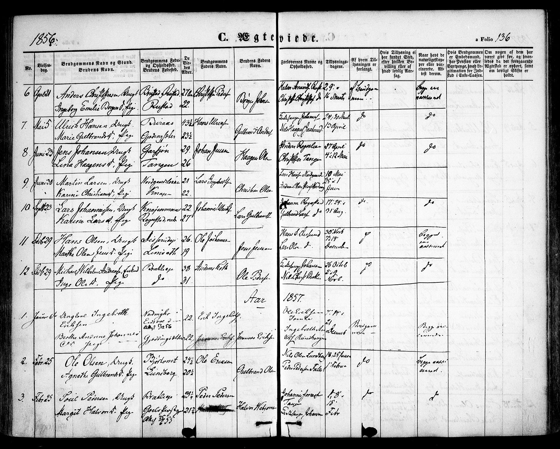 Hurdal prestekontor Kirkebøker, AV/SAO-A-10889/F/Fa/L0005: Parish register (official) no. I 5, 1846-1859, p. 136