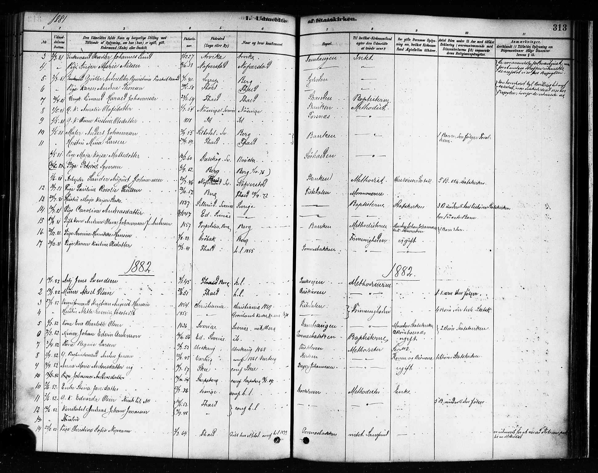 Halden prestekontor Kirkebøker, AV/SAO-A-10909/F/Fa/L0012: Parish register (official) no. I 12, 1878-1889, p. 313