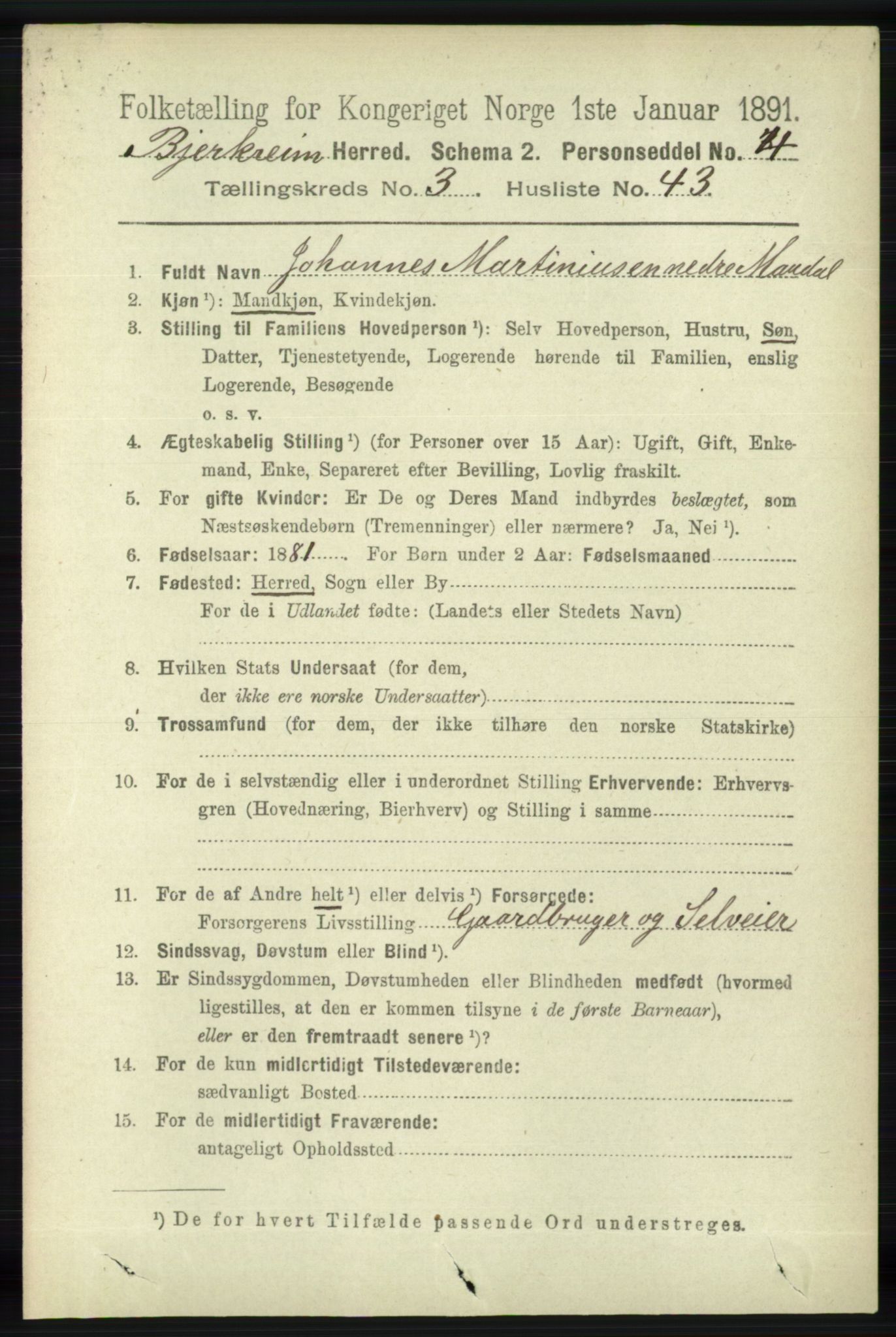 RA, 1891 census for 1114 Bjerkreim, 1891, p. 1156