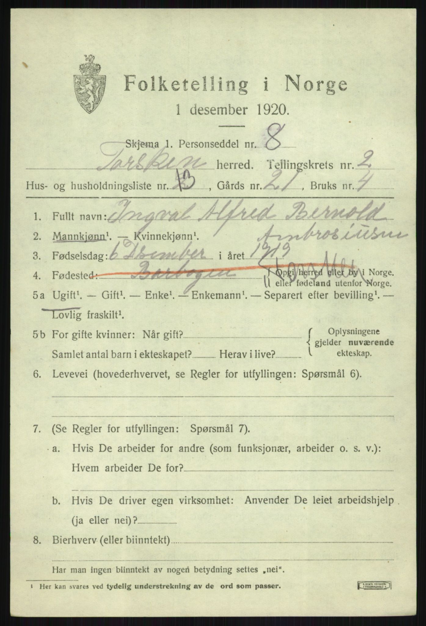 SATØ, 1920 census for Torsken, 1920, p. 870