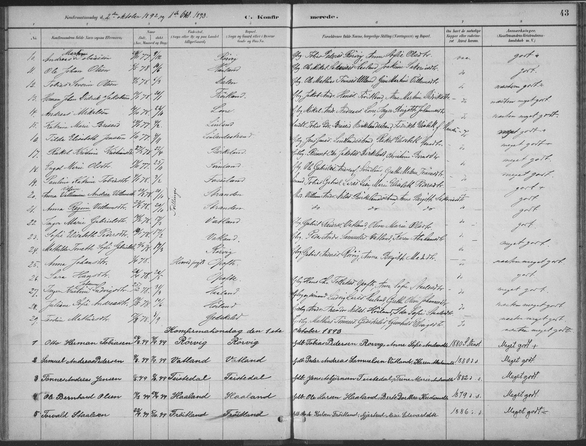 Kvinesdal sokneprestkontor, SAK/1111-0026/F/Fa/Faa/L0004: Parish register (official) no. A 4, 1882-1897, p. 43