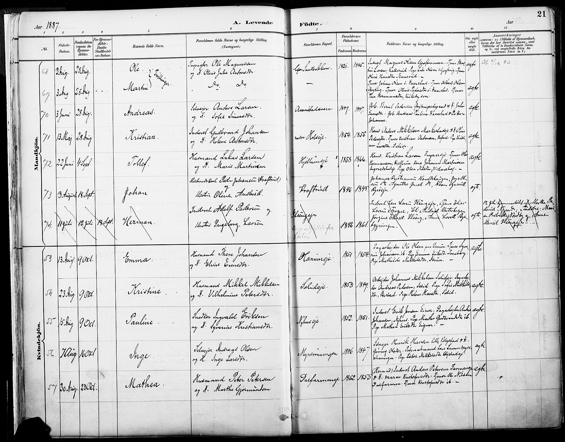 Vang prestekontor, Hedmark, SAH/PREST-008/H/Ha/Haa/L0019A: Parish register (official) no. 19, 1886-1900, p. 21