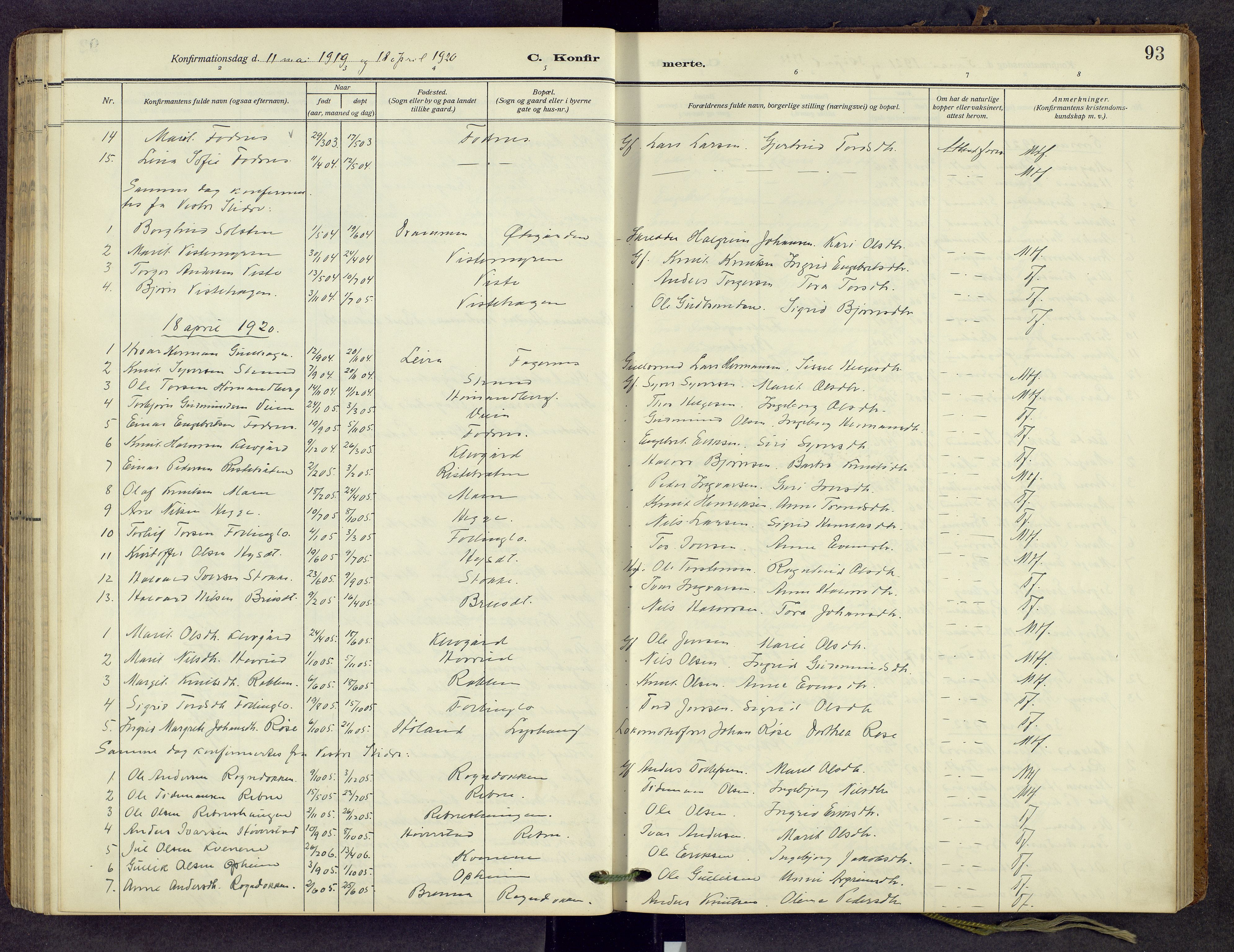 Nord-Aurdal prestekontor, SAH/PREST-132/H/Ha/Hab/L0013: Parish register (copy) no. 13, 1911-1948, p. 93