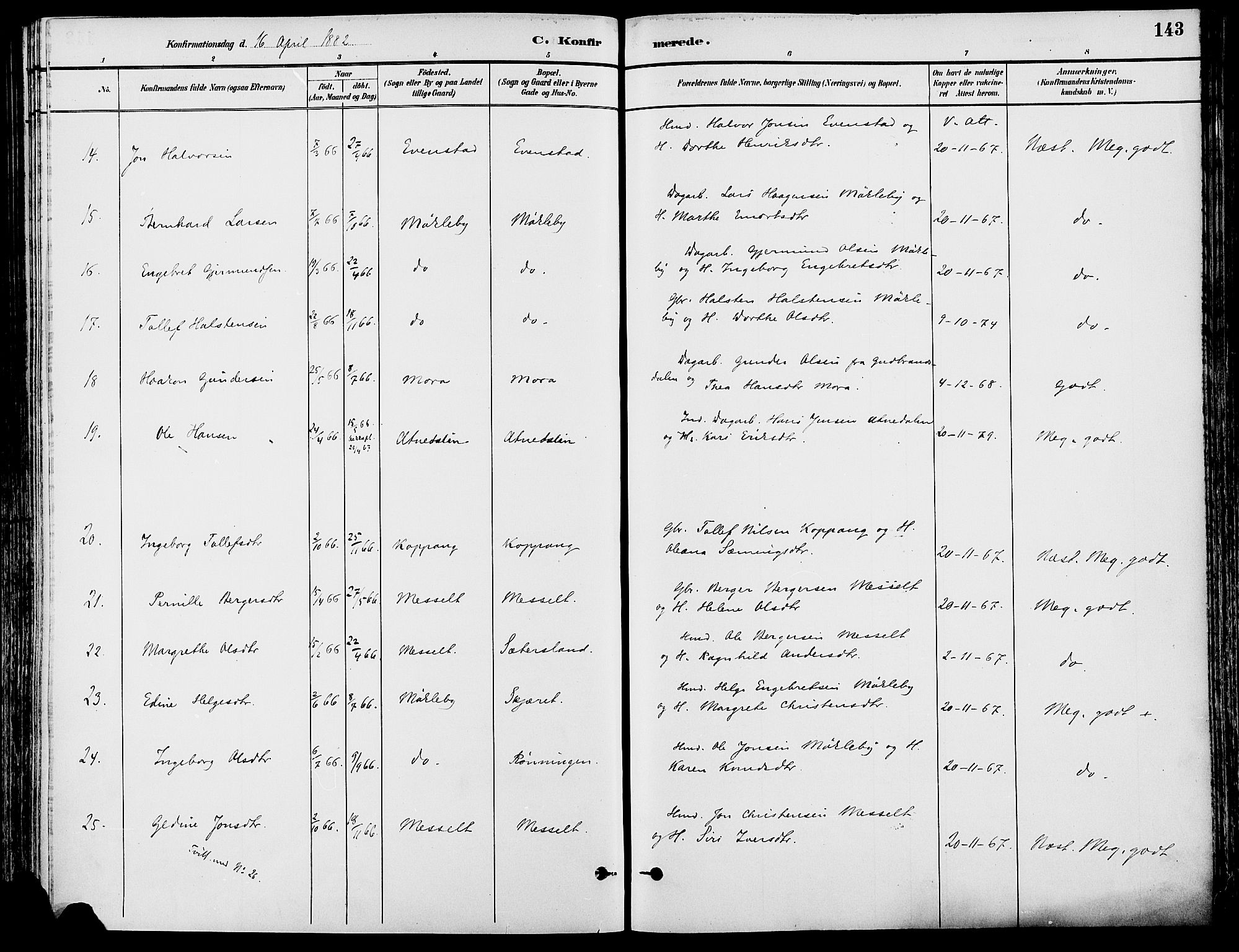 Stor-Elvdal prestekontor, SAH/PREST-052/H/Ha/Haa/L0002: Parish register (official) no. 2, 1882-1907, p. 143