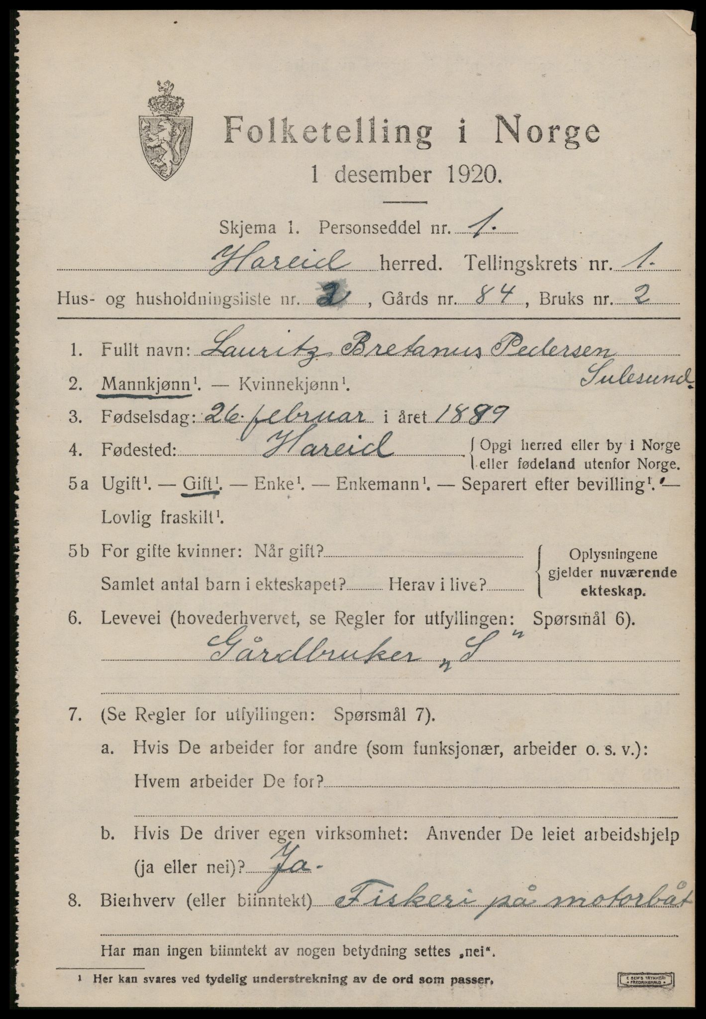 SAT, 1920 census for Hareid, 1920, p. 745