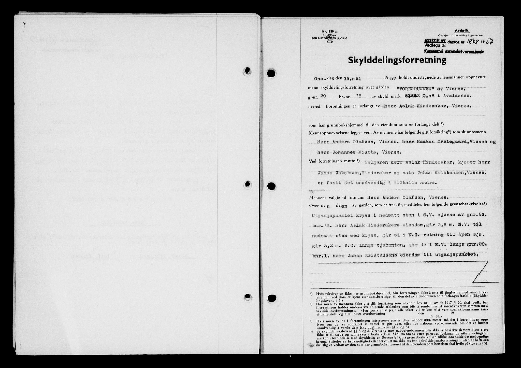 Karmsund sorenskriveri, AV/SAST-A-100311/01/II/IIB/L0125: Mortgage book no. 105A, 1957-1957, Diary no: : 1878/1957