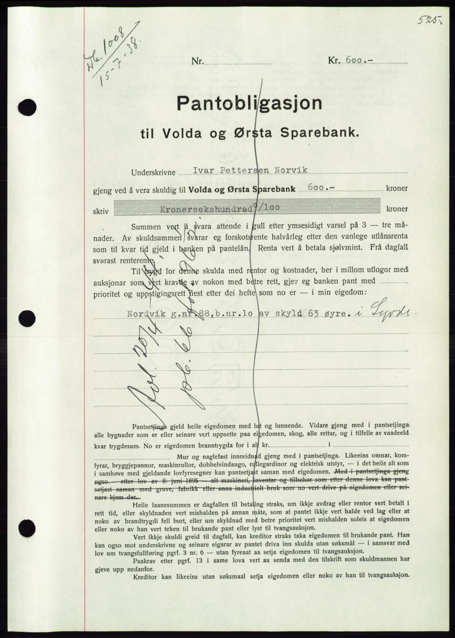 Søre Sunnmøre sorenskriveri, AV/SAT-A-4122/1/2/2C/L0065: Mortgage book no. 59, 1938-1938, Diary no: : 1008/1938