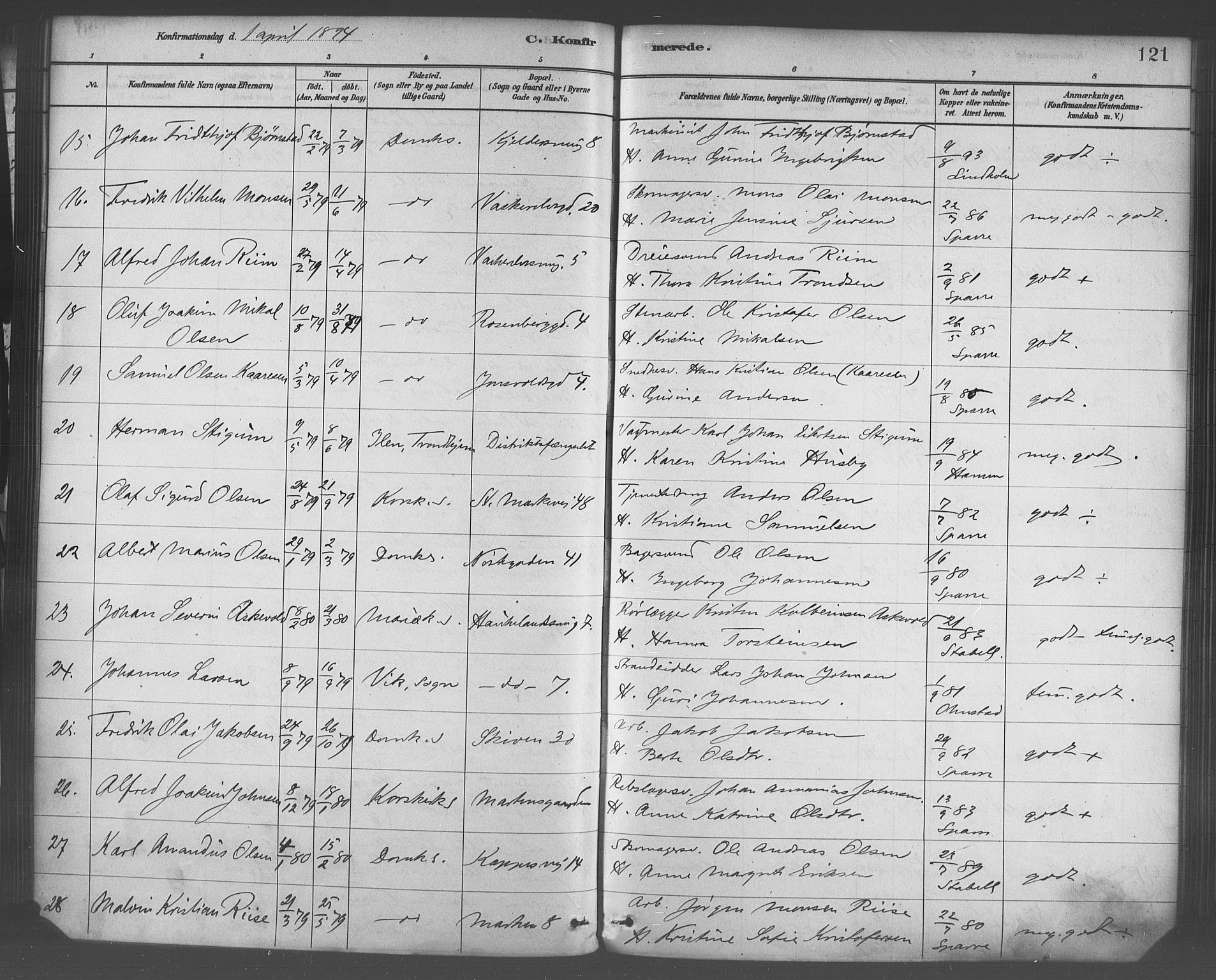 Domkirken sokneprestembete, AV/SAB-A-74801/H/Haa/L0030: Parish register (official) no. C 5, 1880-1898, p. 121